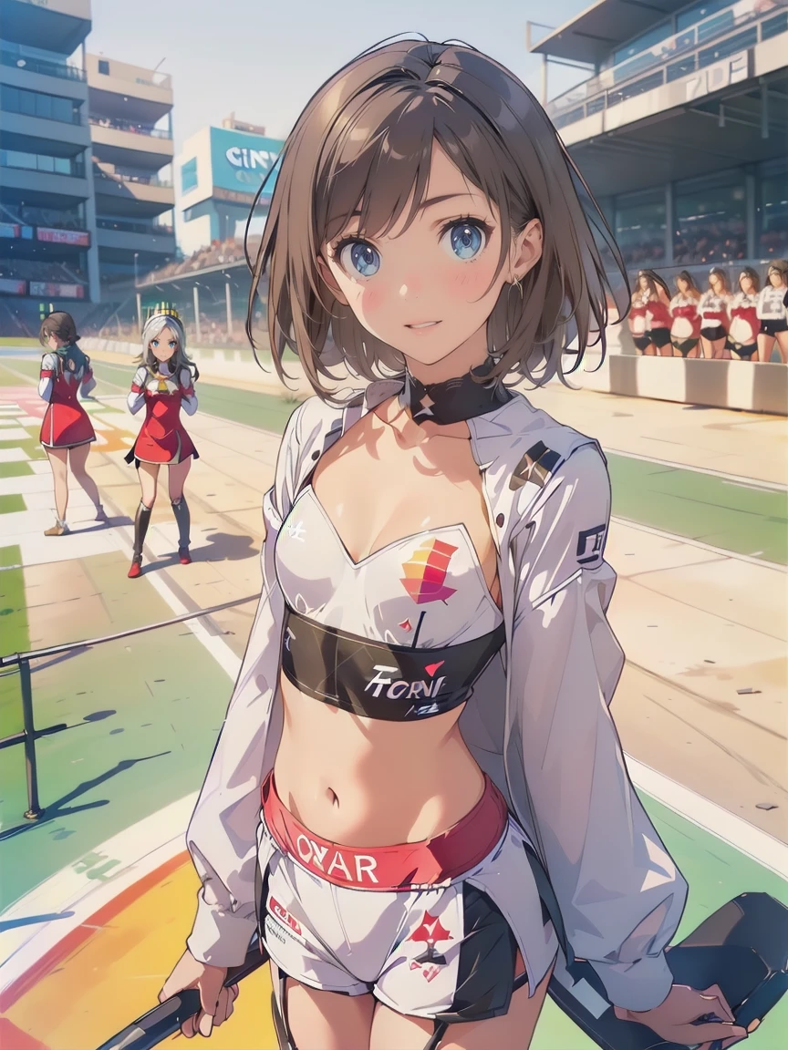 (Race Queen,Grid Girls:1.5),Crop top,White Micro Shorts,standing:1.3、Black Hair:1.5、short hair:1.5,Twin tails:1.5、(((Small chest:1.3)))、(((from front:1.1))),