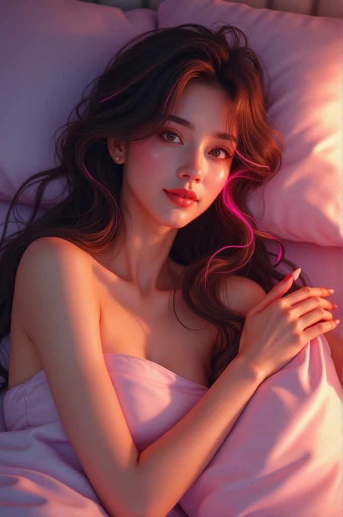 Create an image of a beautiful woman lying ????? on a bed with pink ??????? visible because she is not wearing a bra., She ??????????????? wide until she could see her ?????, which was dripping ?????., She has a slim face., sharp eyes, long hair, high nose, and thin lips, She has light brown hair., ?????? size 32 inches with pink ???????., Her waist is 24 inches., Her ???? are 33 inches., Her skin was bright and white., And her figure was slim and slightly muscular..
