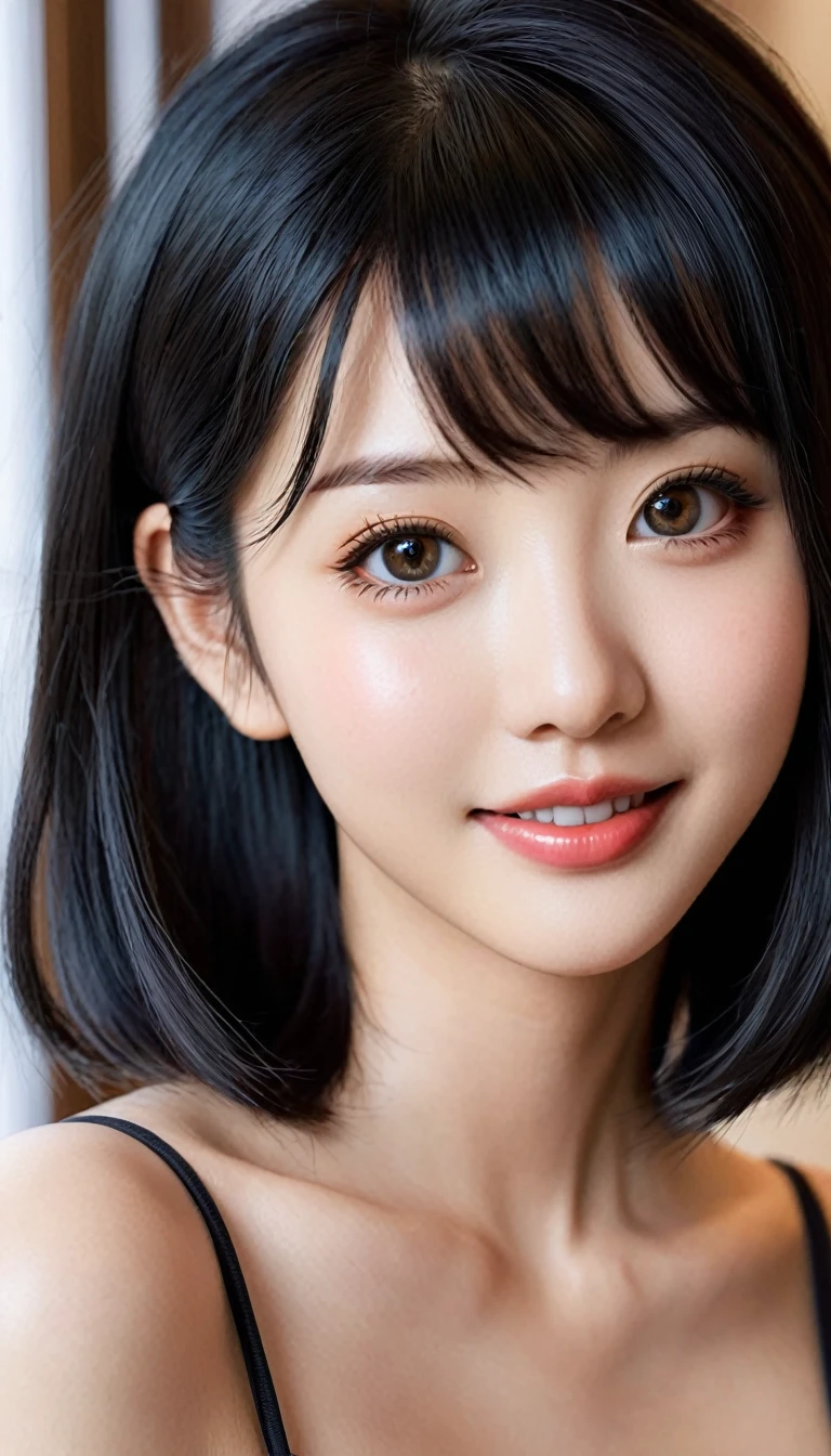 From anime to realistic.((Best Quality)), ((masterpiece)), (detailed), One girl, 20 years old,Black Hair,Short Hair,Asian,((round face:1.4)),Big eyes,Thick big lips,Glossy lips,Beautiful eyes,smile,