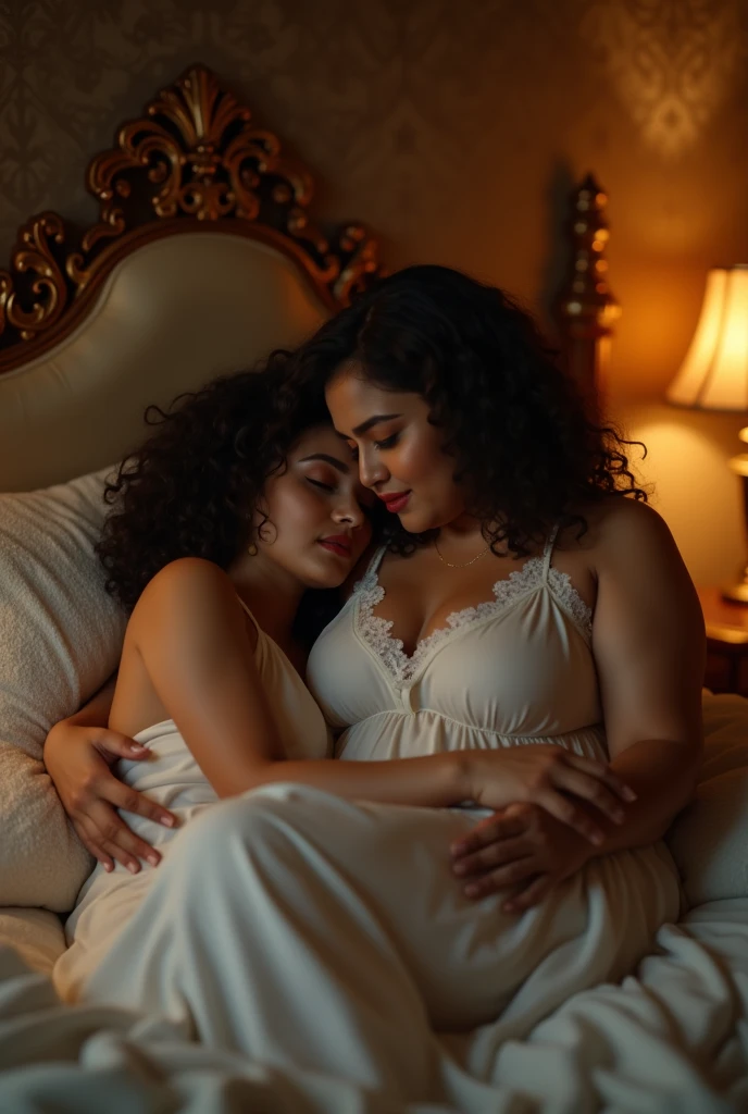 (photorealism:1.2), Beautiful Mature Srilankan Mother, Exposed large breasts, Lying on Bed and Kissing a very Young Boy, Lamp lit in the room.
