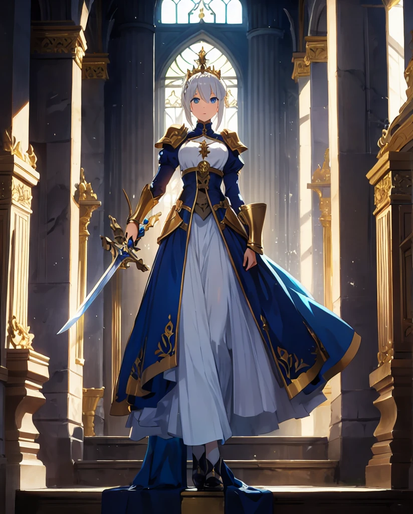 Masterpiece in maximum 8K resolution, anime style inspired by artist Takashi Takeuchi. | A beautiful , , with white skin, slender and defined physique, short golden hair, blue eyes, an elegant, innocent, and determined face, dressed in a Victorian blue dress with golden lines under an armor with iron plates, is standing in a medieval British palace. With a confident and determined expression, she wields the holy sword Excalibur with both hand, ready to face any challenge. | The setting includes marble columns, tapestries, antique furniture, and works of art in the foreground, with lush gardens, fountains, and statues in the midground. | Three-dimensional composition with a medium angle of view, emphasizing the beauty and majesty of the palace around. | With cinematic lighting and elements such as gloss, soft lighting, smoothness, and particles that add dynamism. | Scene of a young Artoria Pendragon wielding the holy sword Excalibur in a medieval British palace. | ((((full-body\_image)))), (perfect pose, perfect anatomy, perfect body), (better hands, perfect fingers, perfect legs, perfect hands), (perfect composition, perfect design, perfect layout, correct imperfections), Add more detail, More Detail, Enhance.