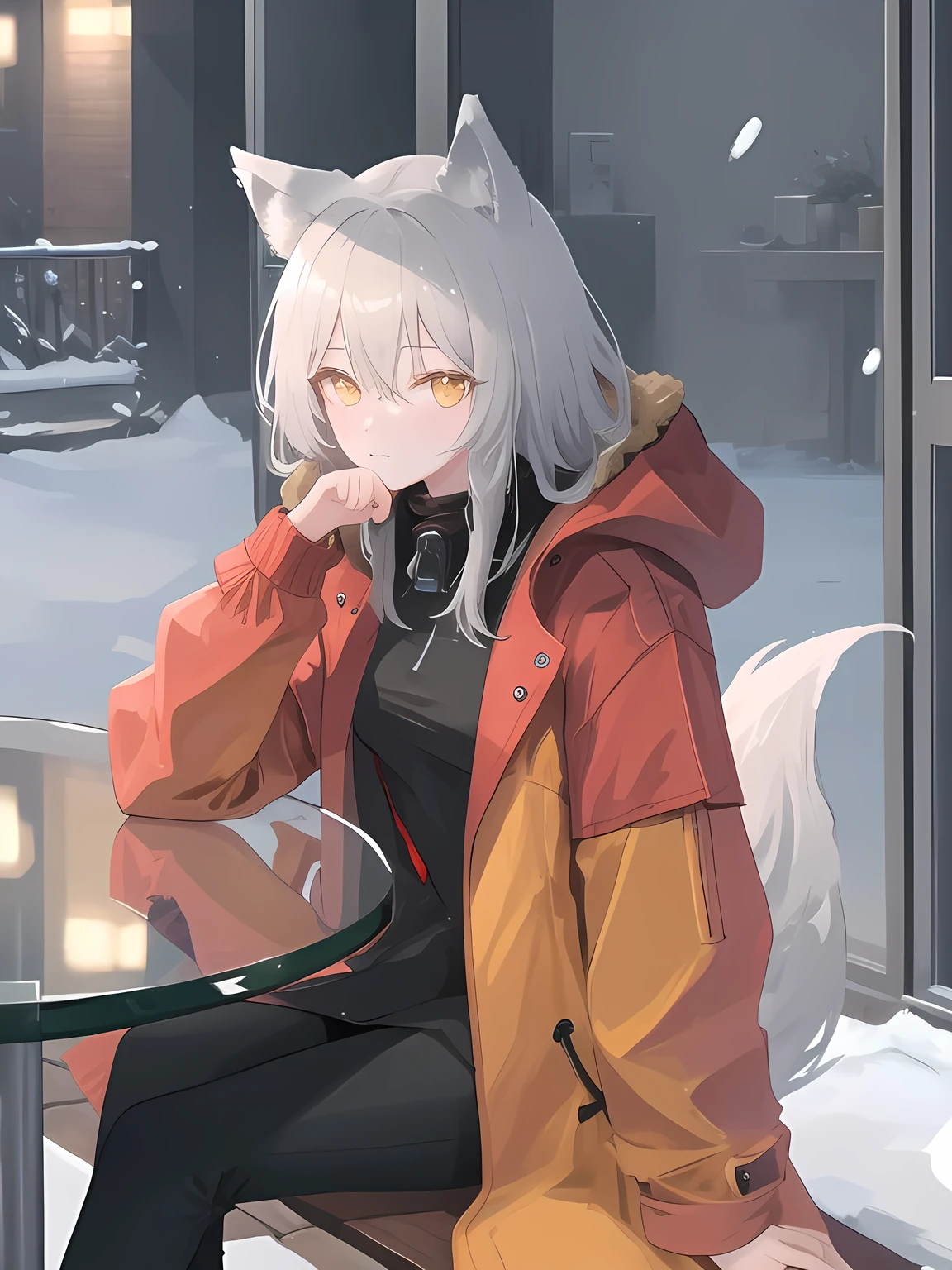 (safe:1.10), best quality, masterpiece, high resolution, solo, girl, gray hair, wolf ears, yellow eyes, red coat, (projekt_red_arknights:0.8), sitting at table, head leaning against glass door, snow falling outside,