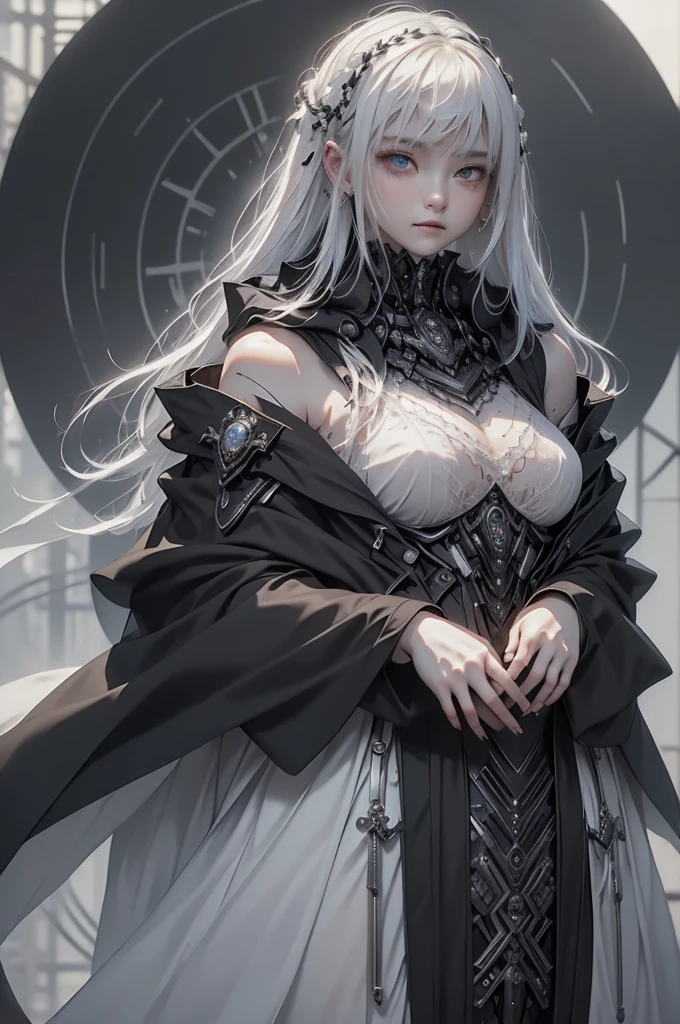 、masterpiece:1.5, bestquality, 1girl, classic girl, classic, white hair, black clothing, Mechanical Accessories, Mechanical decoration、A face with cold beauty、Cold Face、Beautiful shoulders、Solemn atmosphere、from the front:1.5、small breasts, beautiful eyes, Heavy cloak、Spread your arms、backlighting.
