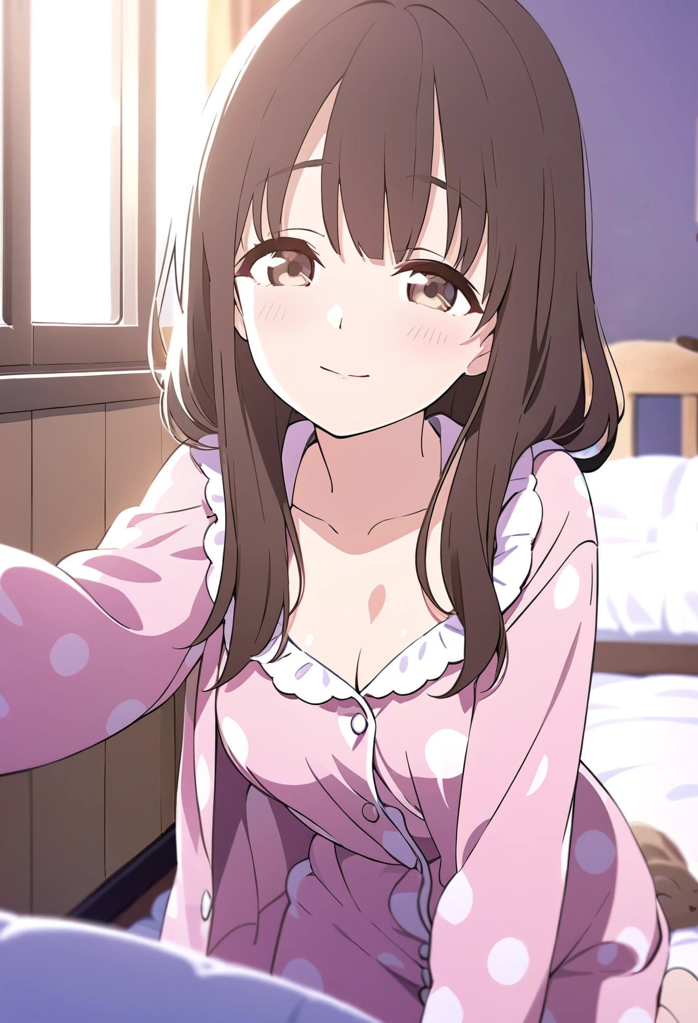 Super beautiful picture quality、High school girl、Slightly droopy eyes、Kind Face、Firm breasts、pajamas、Inside the house、Girl&#39;s Room、In the middle of changing、Panties with pink ribbon、Navy blue socks、Bright green eyes、Black Hair、Smooth long straight hair、Top quality backgrounds、Fine weather