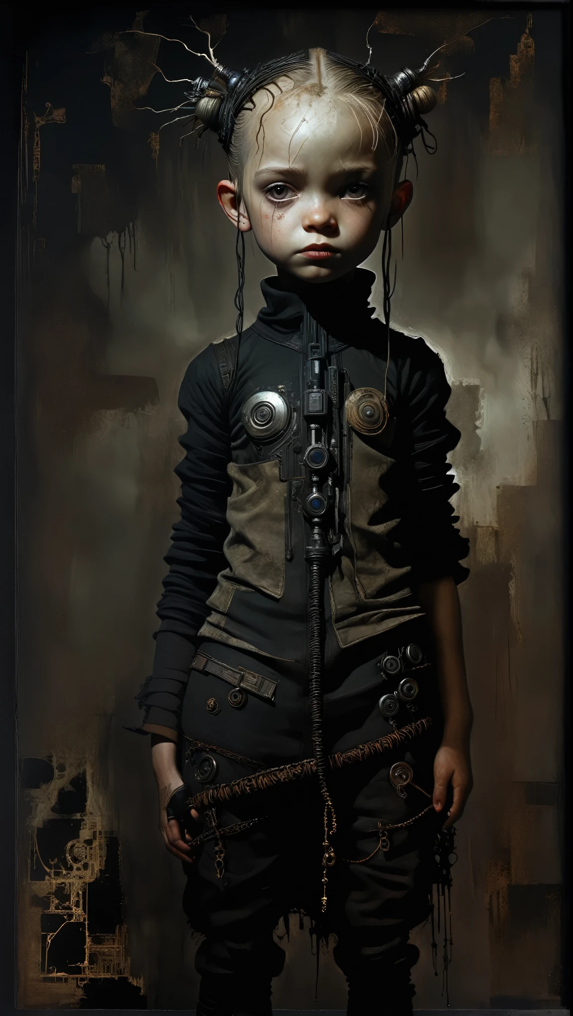 Anatomically correct:1.3, Intricate and detailed portrait of a child, Fantasy character design, cyberpunk, Dark and moody lighting, spectacular chiaroscuro lighting, film composition, Ashley Wood Style, sandy grunge texture, sharp focus, hyper detailed, 8K, (The best quality:1.2), (photorealistic:1.37). AniPnyXLQual, HashbinPnyXL