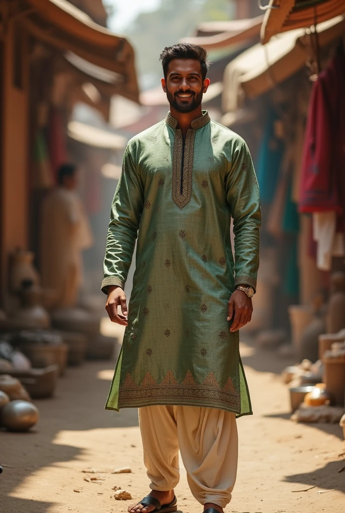Create an image of a man wearing a mehendi green kurta with pajama and a maroon-colored cap."