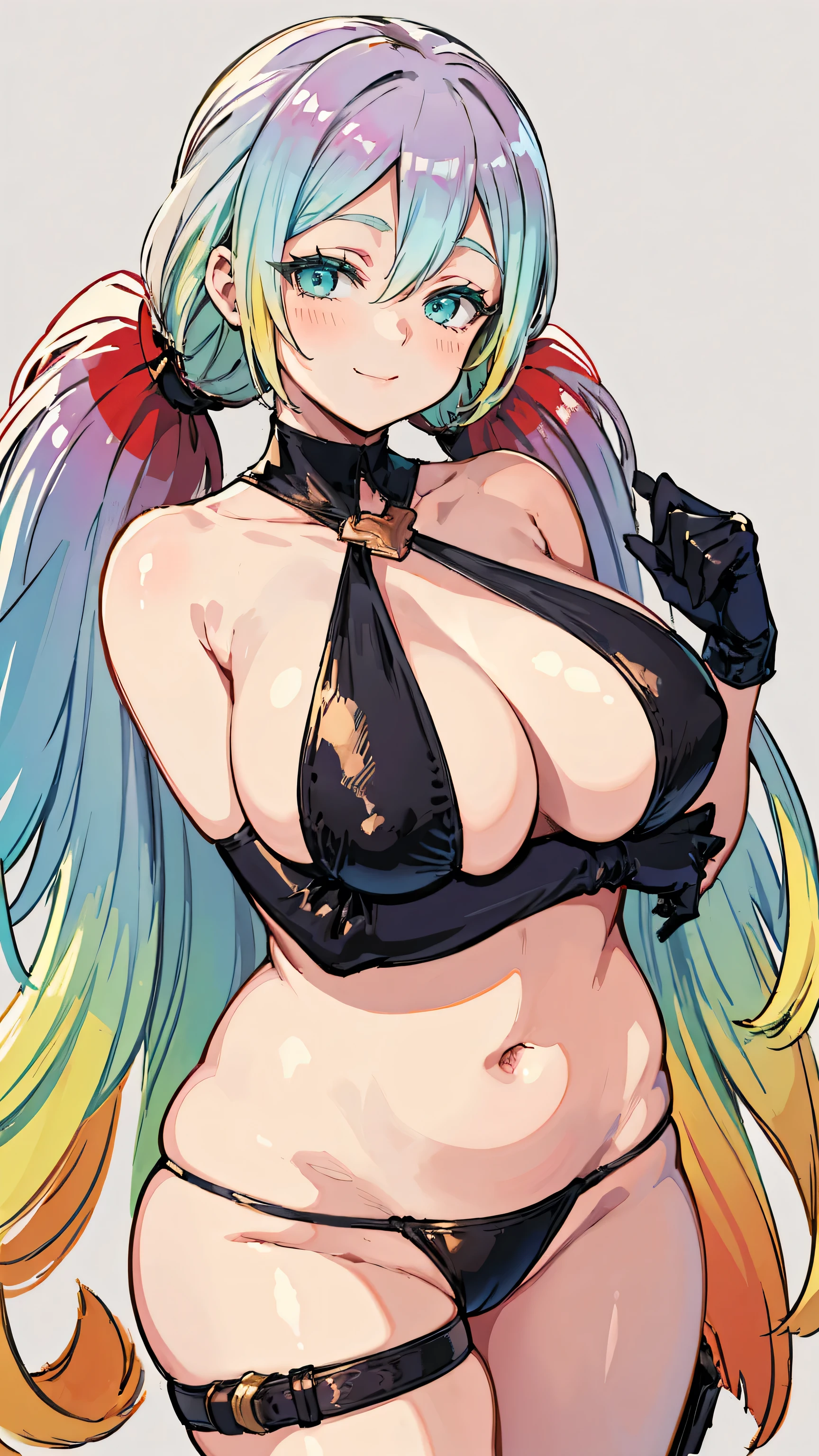 (Best Quality, 8k, masterpiece: 1.3),Voluptuous body,1girl, pinch \(granblue fantasy\), large breasts, thighs, multicolored hair, multicolored eyes, gradient hair, twintails, bangs, low twintails, very long hair,bare shoulders, gloves, thigh strap, black bikini,Plump,Green Eyes,smile,Droopy eyes