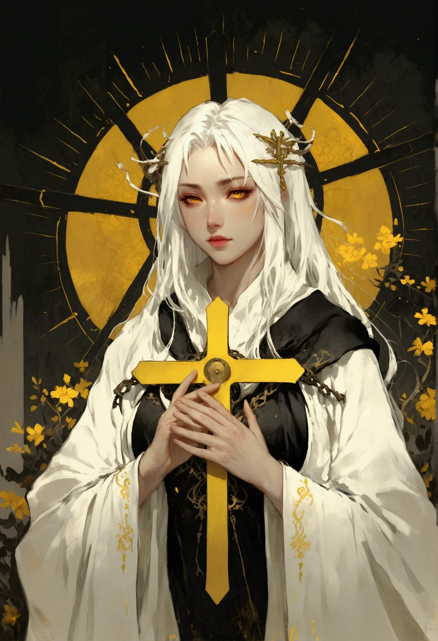 anime girl with white hair and yellow eyes holding a cross, artwork in the style of guweiz, with glowing yellow eyes, guweiz, guweiz on pixiv artstation, with glowing eyes, guweiz on artstation pixiv, demon anime girl, anime style 4 k, :: rossdraws, white haired deity, digital anime illustration