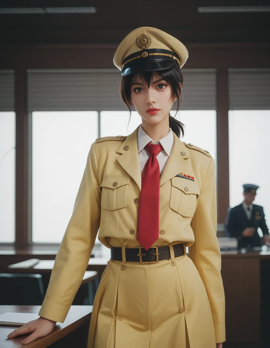 score_9, score_8_up, score_7_up, score_6_up, score_5_up, score_4_up,
kusanagi motoko, military, military uniform, red tie, yellow skirt suit, ribbon bar, sam browne belt,
looking at viewer, office