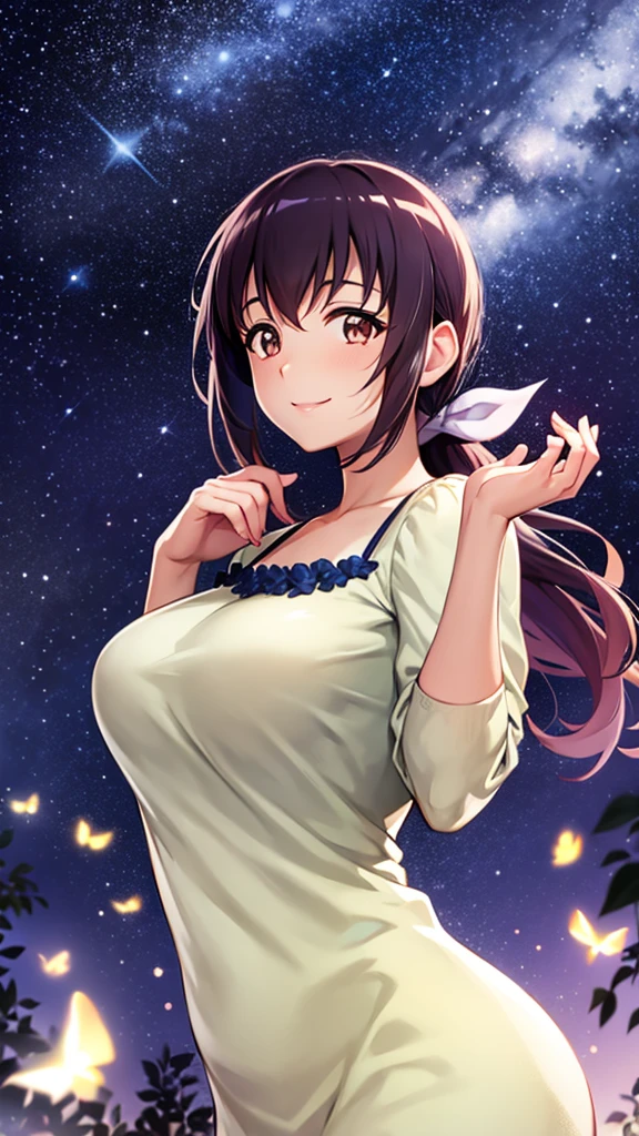 Starry Sky Nurture, Hair tied back, young face, smiling face, large breasts, starry sky, hands up, looking up at the sky, fireflies 