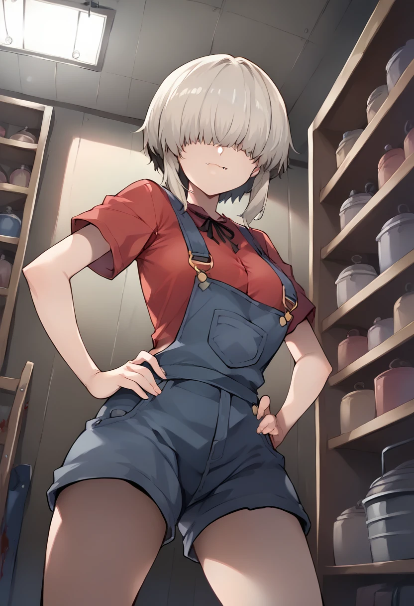 score_9, score_8_up, score_7_up, source_anime, 1girl, solo, looking at viewer, ynguzk, fang, covered eyes, short hair with long locks, overalls, overall shorts, short sleeves, red shirt, ((basement)), dark, dimly lit, shelf, shadow, dramatic lighting, loaded interior, (messy room), blood, hands on hips, legs apart, hanging light, light bulb, from below, light smile, closed mouth