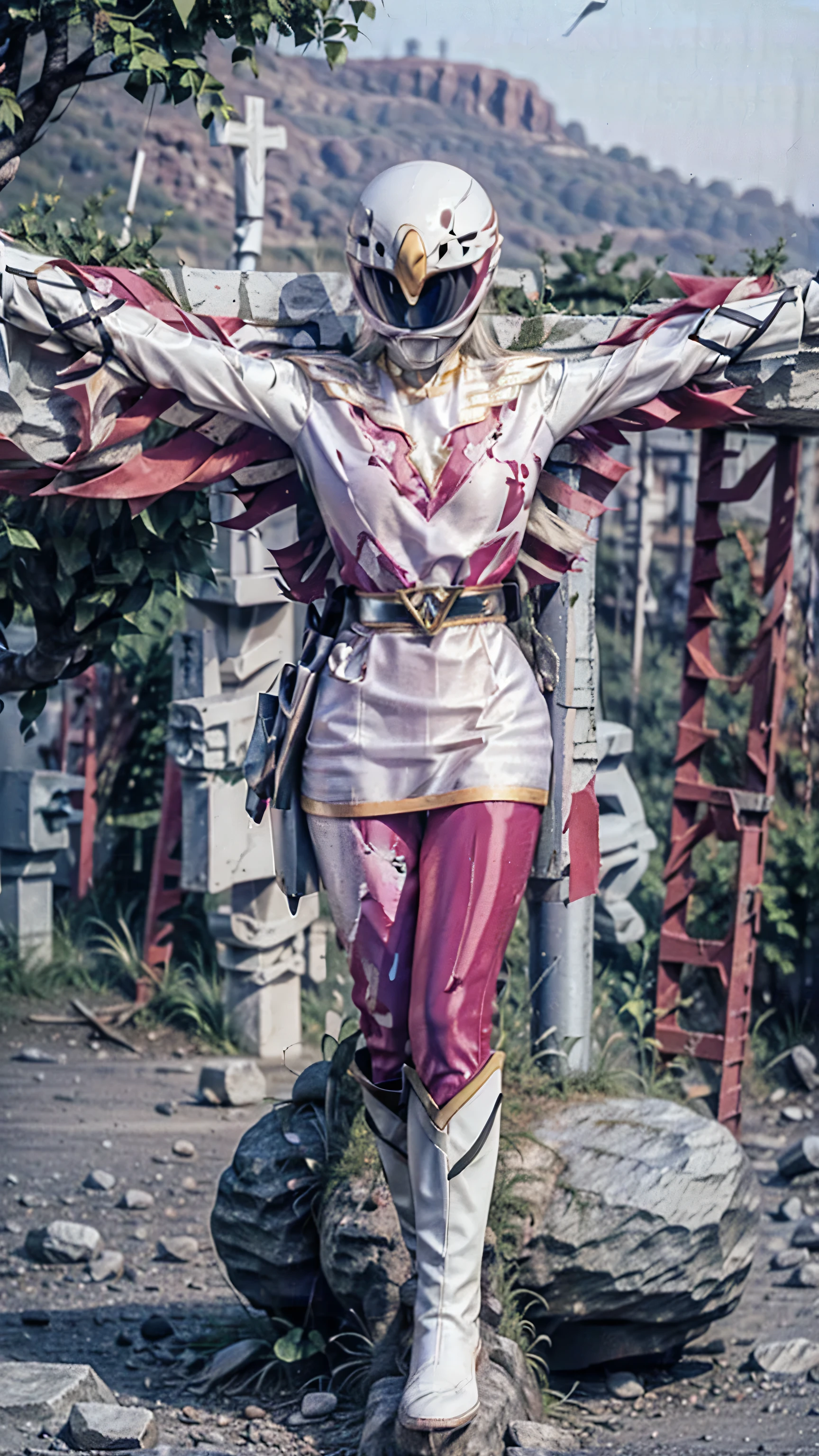 (((highest quality, High resolution, nffsw, perfect pixel, 4K, nffsw, nffsw, 8K wall paper))), 1 girl, single, alone, ((Beautiful woman)), I could see the whole body, wswan, ((Three-dimensional helmet:1.3)), ((helmet is white:1.3)), (((white helmet))), (((Full face helmet with no exposed face and head hair))), (Thick and intricate lines drawn on the chest:1.2), Lines on the sides of the suit, a belt, ((pink suit, white gloves, pink pants, pink footwear, white boots, white miniskirt)), ((smooth texture:1.3, realistic texture:1.3, realistic:1.3, nvidia high quality)), ((G cup large breasts)), perfect body, ((white steel cross, crucifixion)), full body, outdoor, quarry