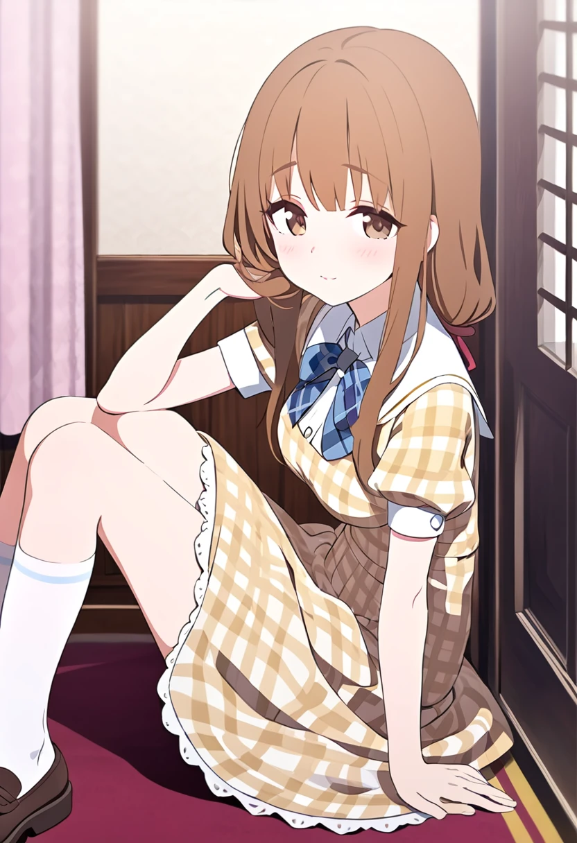 Super beautiful picture quality、High school girl、Slightly droopy eyes、Kind Face、Firm breasts、Cream-colored brown checkered dress、White socks、Inside the house、Girl&#39;s Room、In the middle of changing、Ocher eyes、Black Hair、Smooth long straight hair、Top quality backgrounds、Posing cheerfully in front of the mirror、Fine weather
