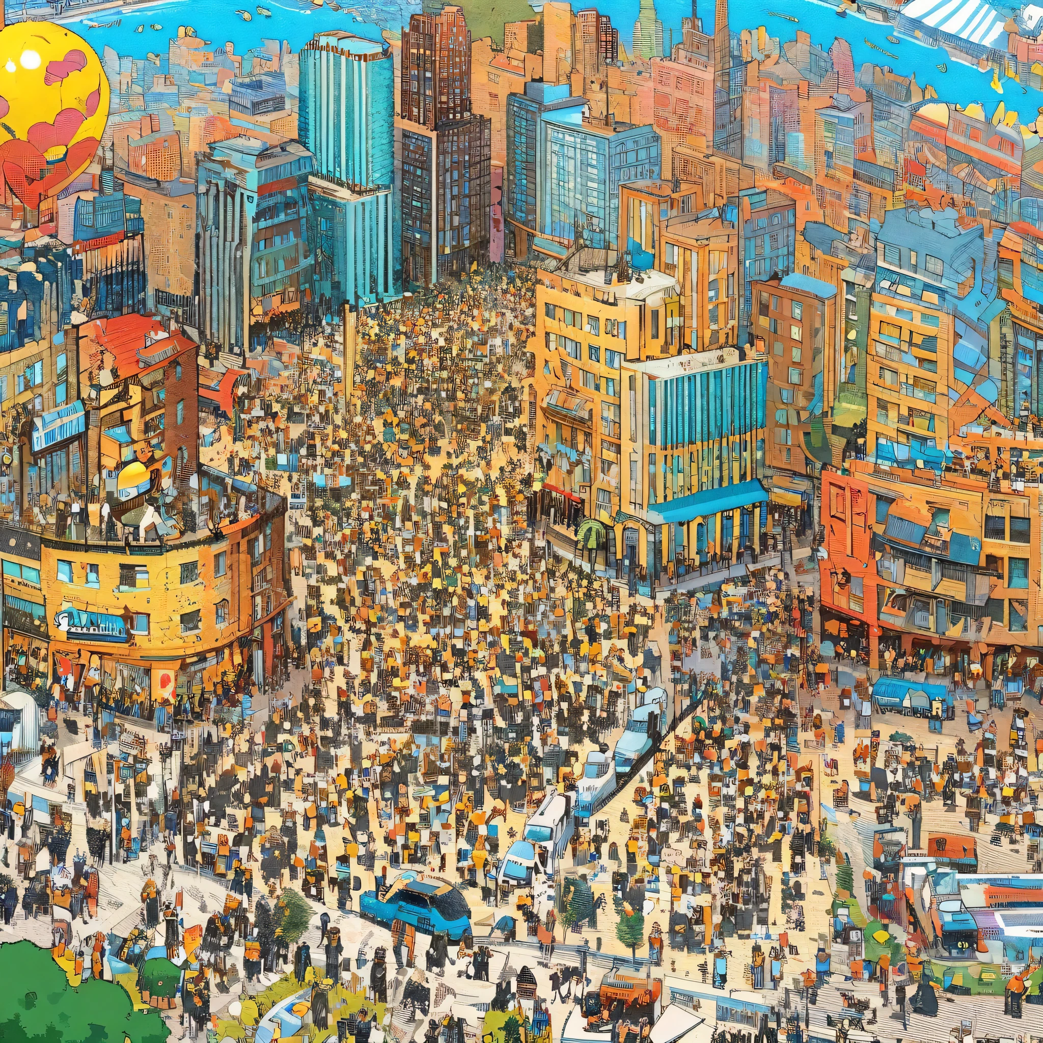 super detailed, vibrant illustration of a new york neighborhood,  in the style of Tin-Tin comics, vibrant colors, detailed, lots of people, sunny day, attention to detail, 8k,masterpiece