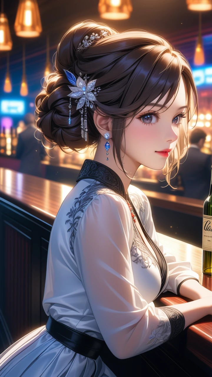 Portrait of Abigail: a stunning woman with an updo, sitting at the bar in a nightclub. This masterpiece is of the best quality, ultra-detailed, and perfect for an 8k HDR wallpaper. Featuring cinematic lighting with sharp focus and intricate details.