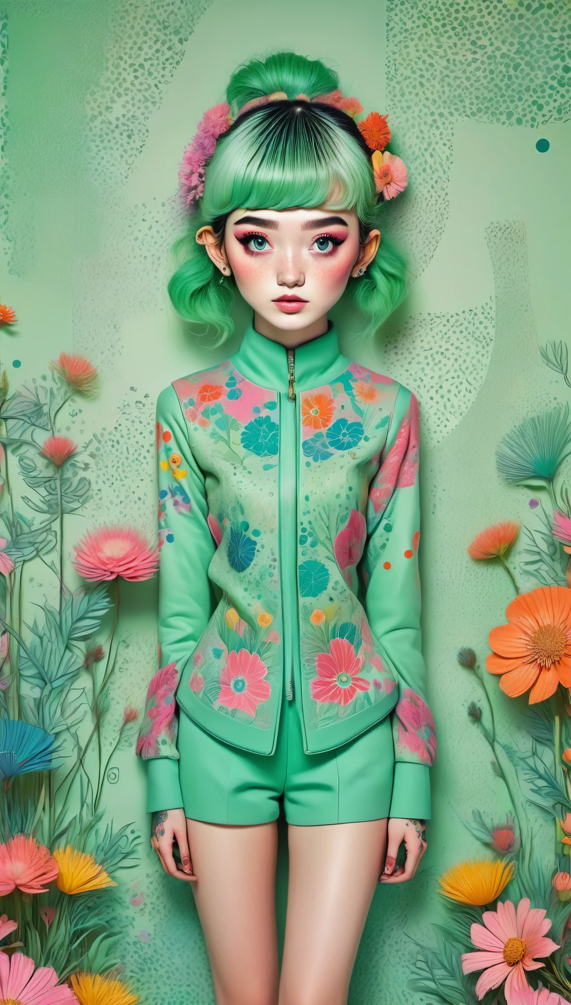 A fascinating surreal illustration of a young German girl.. She has pastel green hair with straight bangs., cyan eyes, and wears a vibrant pastel-colored suit adorned with intricate floral patterns.. Freckles dot her smooth skin, warm complexion, Boldly, Colorful tattoos cover her arms and legs.. The tattoos feature traditional Japanese motifs such as flowers and mythical creatures.., Rendered in meticulous detail in a pastel color palette.. The geometric patterned background that complements the colors of the artwork.. The line work is precise., with delicate shading that gives the illustration a 3D quality. The artwork fuses modern illustration techniques with traditional Japanese aesthetics., resulting in a visually striking result, portrait,AniPnyXLQual, HashbinPnyXL