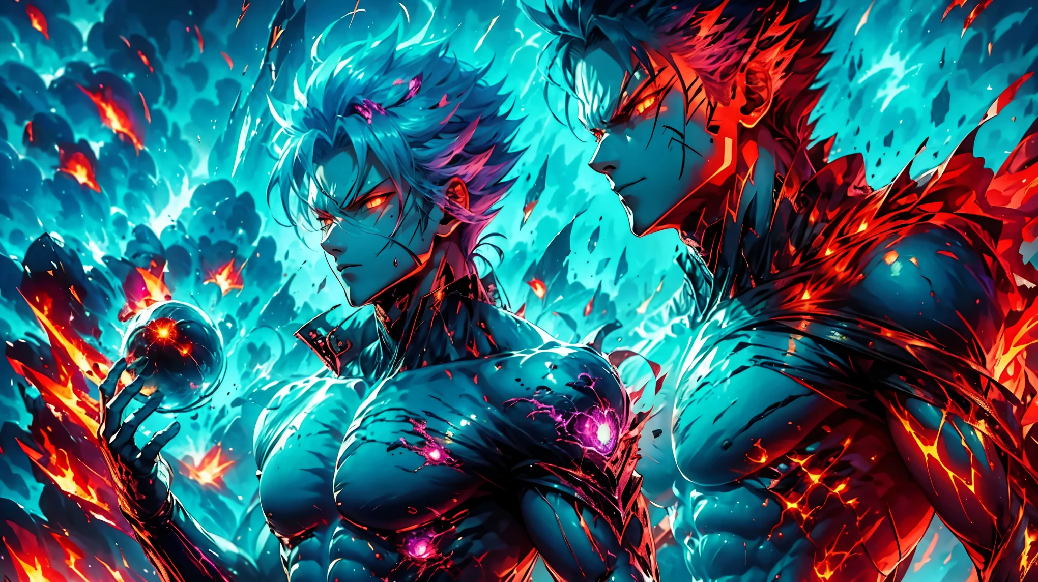 Teenage boy, spiky hair, long hair, bright blue hair, shining blue eyes, dark blue skin, muscular chest, two pairs of blue horns, asas draconicas, tattoos on the body, crossed arms, electric aura
