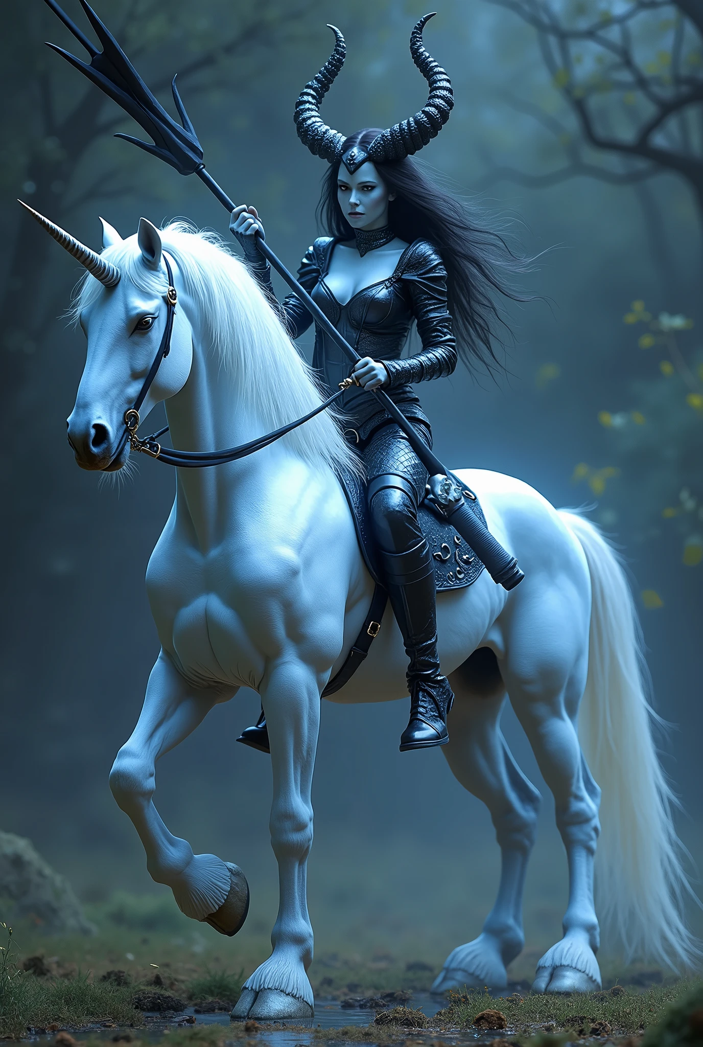 a blue-skinned succubus wearing black leather armor and holding a black spear rides a large muscular, stark white glittering unicorn