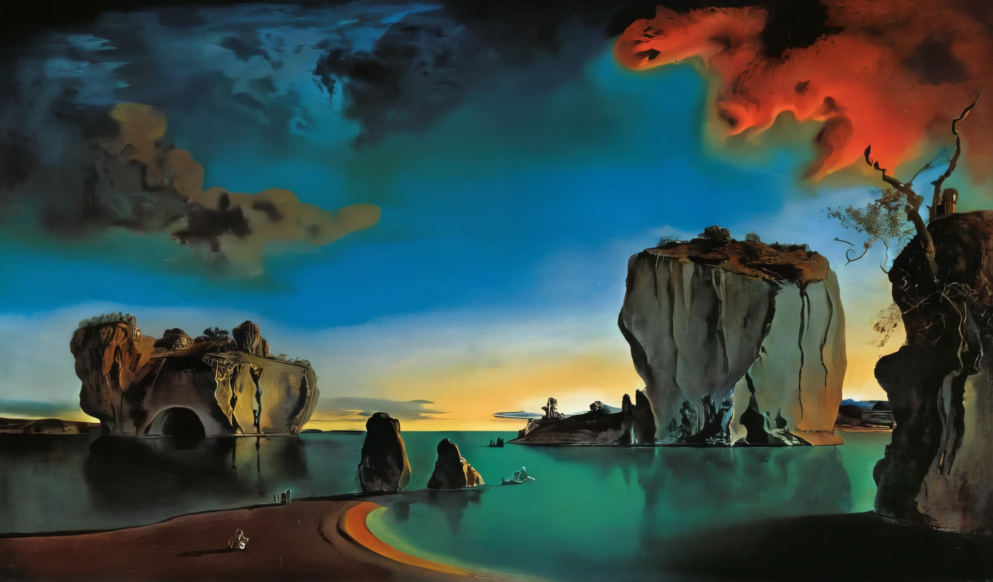 Flow of time by Salvador Dali,Magic,(style of Jean-Antoine Watteau):0.1.    The image depicts a surreal landscape with two large stone formations on either side of a body of water, under a dark sky, with a hint of a sunset. painting of  calm water in front of a rock formations. The sky is cloudy.