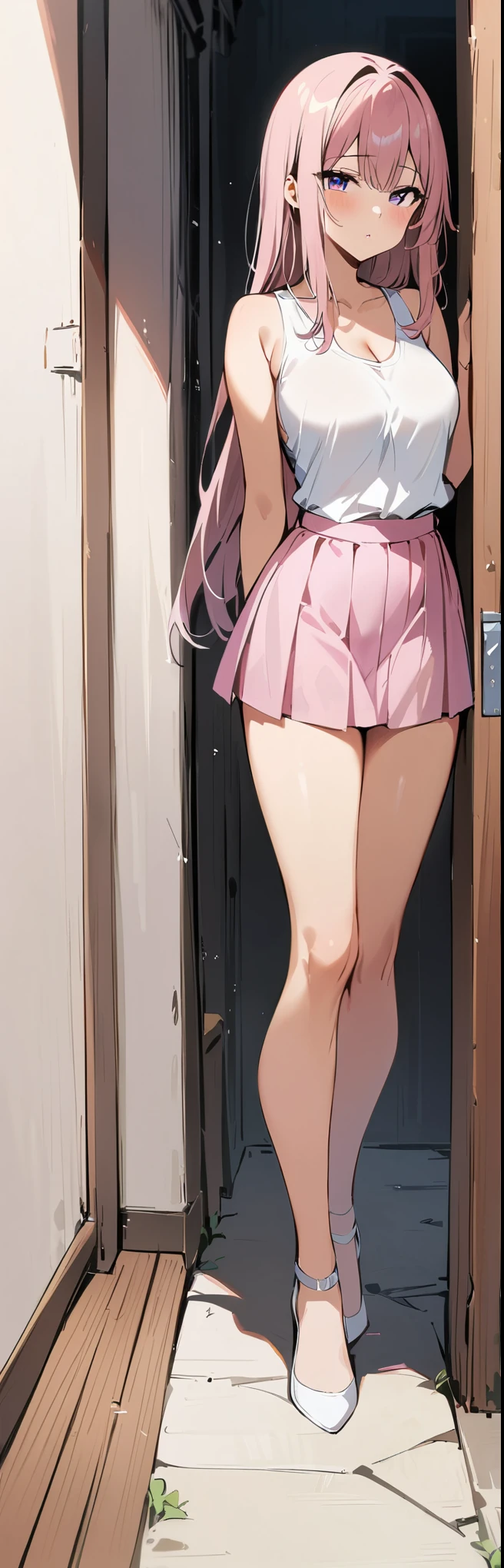 A Female robot grabs her ass, spread legs, nude, banzai pose. she wears no dress. She Brown short hair is tied with two big red clothespins, She lifts up the under hem of her white plain dress, leaning over, masterpiece, very short pigtails,brown hair, mature, android, blue eyes, full body figure, Height: 160cm, flushed cheeks, 2020s anime picture, A beautiful robot with short brown hair in two short pigtails held up by two very large huge red clothespins, Uplifting, No NSFW, whole body, barefoot, archaic smile, getting orgasm, 25 years old, sweat bucket. short sleeve shirt, pleated skirt, beautiful scenery, evening, skirt lift, no panties, genitals visible, full body shot, sexy face. between mirrors, floating hair, looking away. She wears hot pants. She has broken hardly by enemy. 