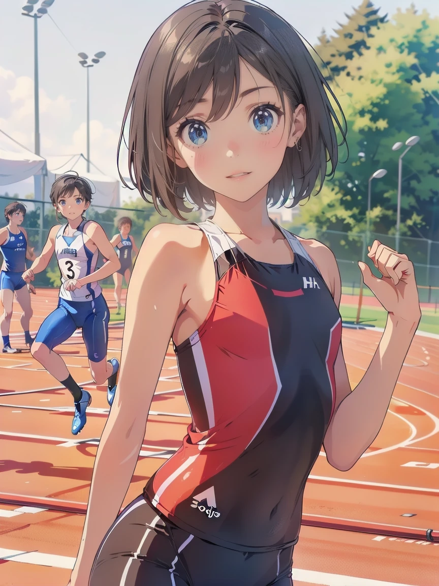 (Track and Field)、(Track and field sprinter:1.5),Crop top,White Micro Shorts,Concentrated eyes、squat:1.3、Black Hair:1.5、short hair:1.5,Twin tails:1.5、(((Small chest:1.3)))、(((from front:1.1))),