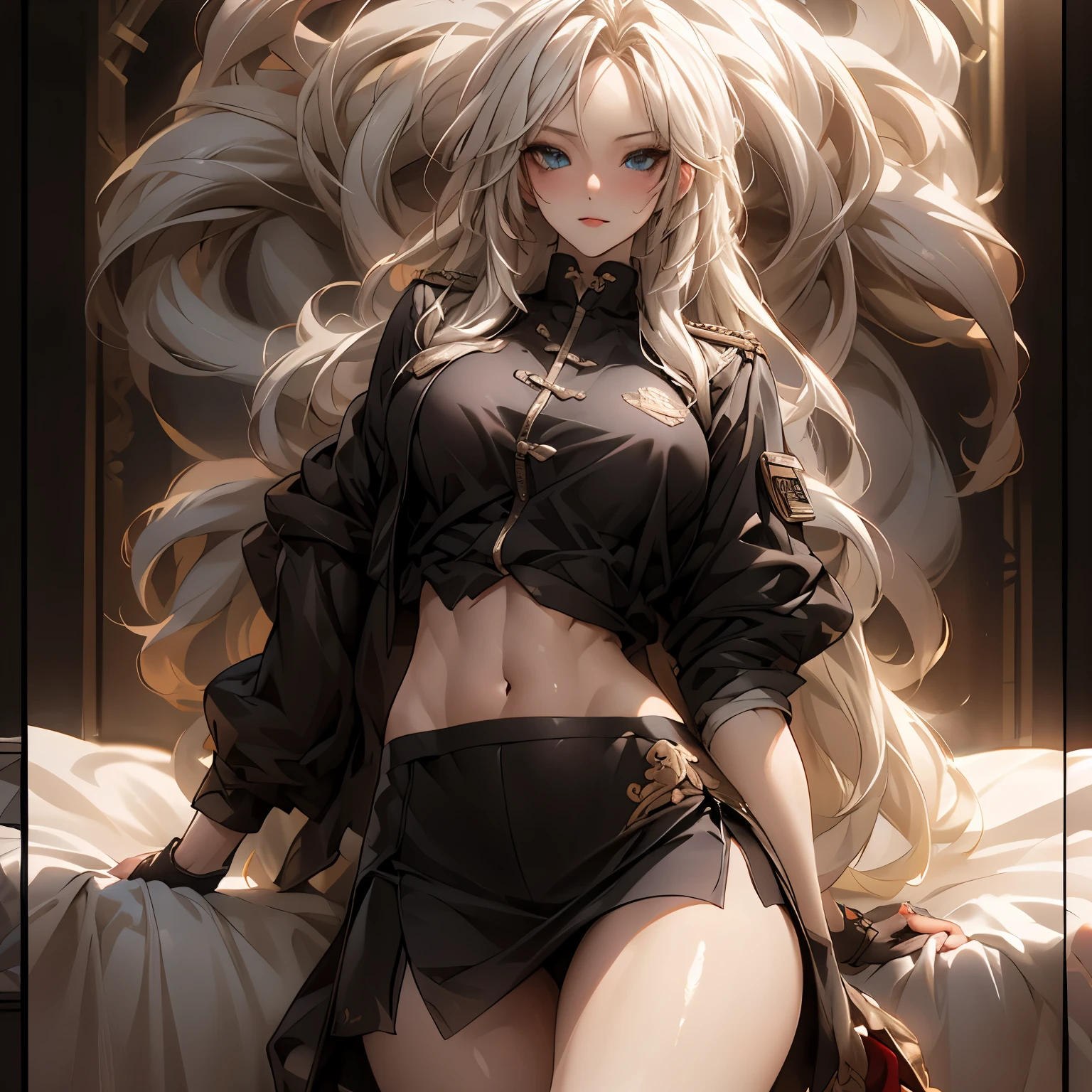 1个Giant Breast Girl！Ray traching，Best shadow，A high resolution（dim murky lights）detailedbackground（liveroom）Fluffy silver hair，plump and slender girl，With a high ponytail, Avoid golden eyes in the ominous living room（Girl wears white shirt，Black wrinkled skirt，Wear yours with black sheer pantyhose）It shows a delicate and slender figure and beautiful curves，Limbs with correct and reasonable position！hand behind head，The fingers are slender and slender！Stand dignified，detail in face！Delicate facial features！Pay attention to the details of the position of the legs！Pay attention to hand details！high high quality！More eligible！Reduce errors！Painting is more elaborate，Ultra-detailed CG，The picture is more reasonable！Pay attention to finger details！8k wallpaper，tmasterpiece，Double pupil details！Reduce eye size differences！Limit the number of fingers！，H cup big breasts，Blush，