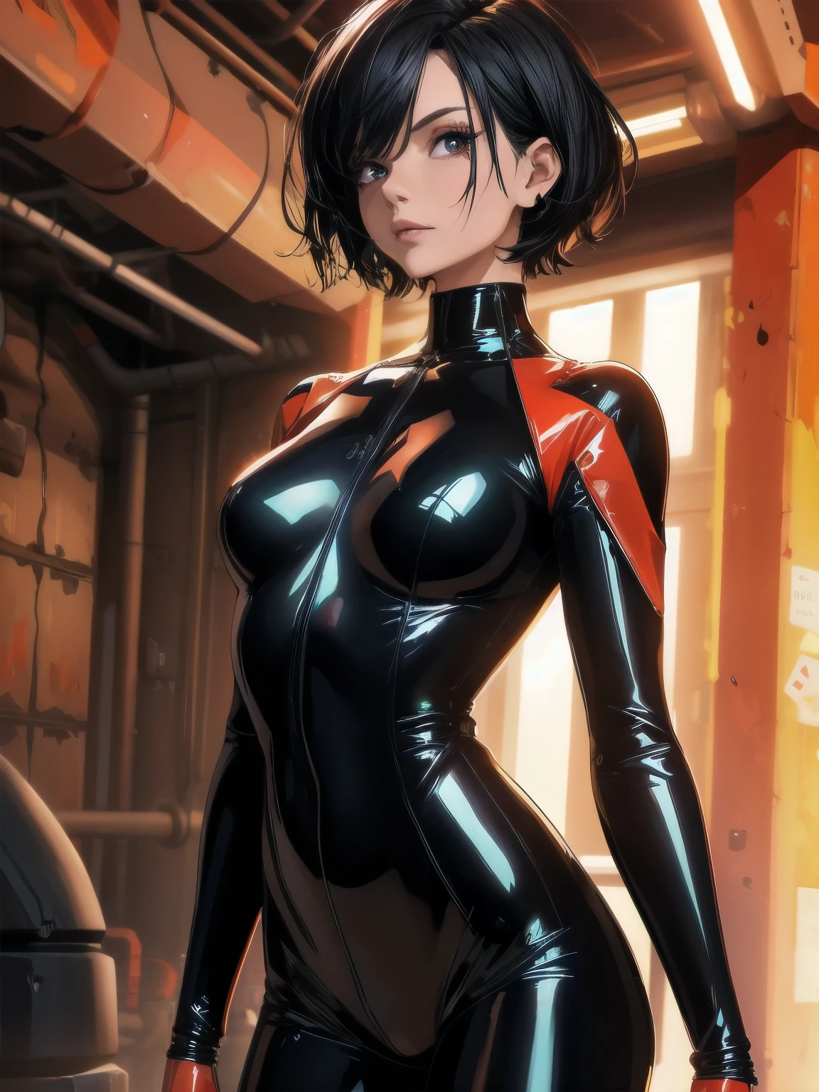 1 Female, Tamaki, short hair, hair between eyes, (detailed eyes:1.3), Rider Suit, cleavage, sport motorcycle,