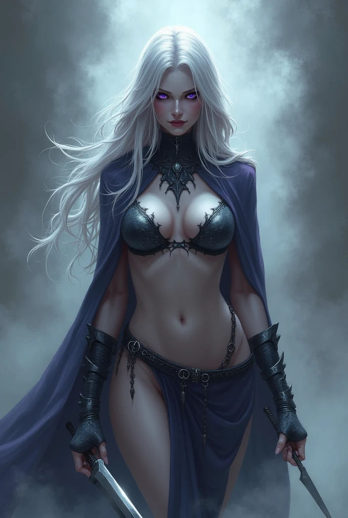 “Create an image in the style of Elden Ring featuring a beautiful and sexy female protagonist. She is a fierce warrior named Ranni, known for her captivating beauty and formidable combat skills. Ranni has long, flowing silver hair that cascades down her back, piercing blue eyes, and fair skin. She wears an ornate armor set that combines elegance with protection, including a fitted breastplate adorned with intricate gold engravings, a flowing blue cape, and thigh-high leather boots. Her armor highlights her shapely figure while exuding a sense of power and grace.
Ranni stands in a dramatic pose on the edge of a crumbling ancient castle, with a massive, foreboding moon casting a silvery glow over the scene. The castle ruins are enveloped in a mystical fog, with twisted, gnarled trees and overgrown vines adding to the eerie atmosphere. In the background, ghostly apparitions and shadowy figures loom, hinting at the dangers that lurk within. The sky is filled with swirling clouds, and lightning occasionally illuminates the dark, ominous landscape.
The ground is littered with fallen debris and ancient relics, with patches of glowing blue flowers scattered around, adding a touch of ethereal beauty to the desolate setting. Ranni holds a gleaming, rune-inscribed sword in one hand and a magical staff in the other, ready to face any threat that comes her way. The image captures a moment of tense anticipation, highlighting the protagonist’s strength, determination, and otherworldly allure in a world filled with darkness and mystery.”