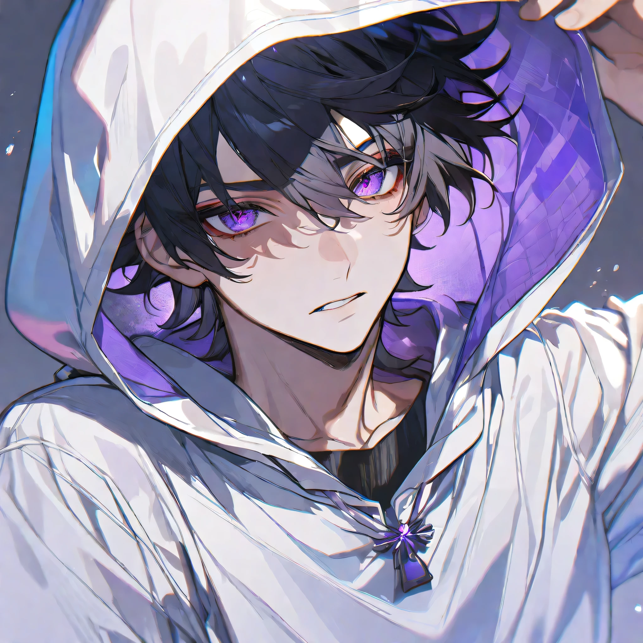 Solo, 1 male, short black hair, violet eyes, white shirt, purple and white hood