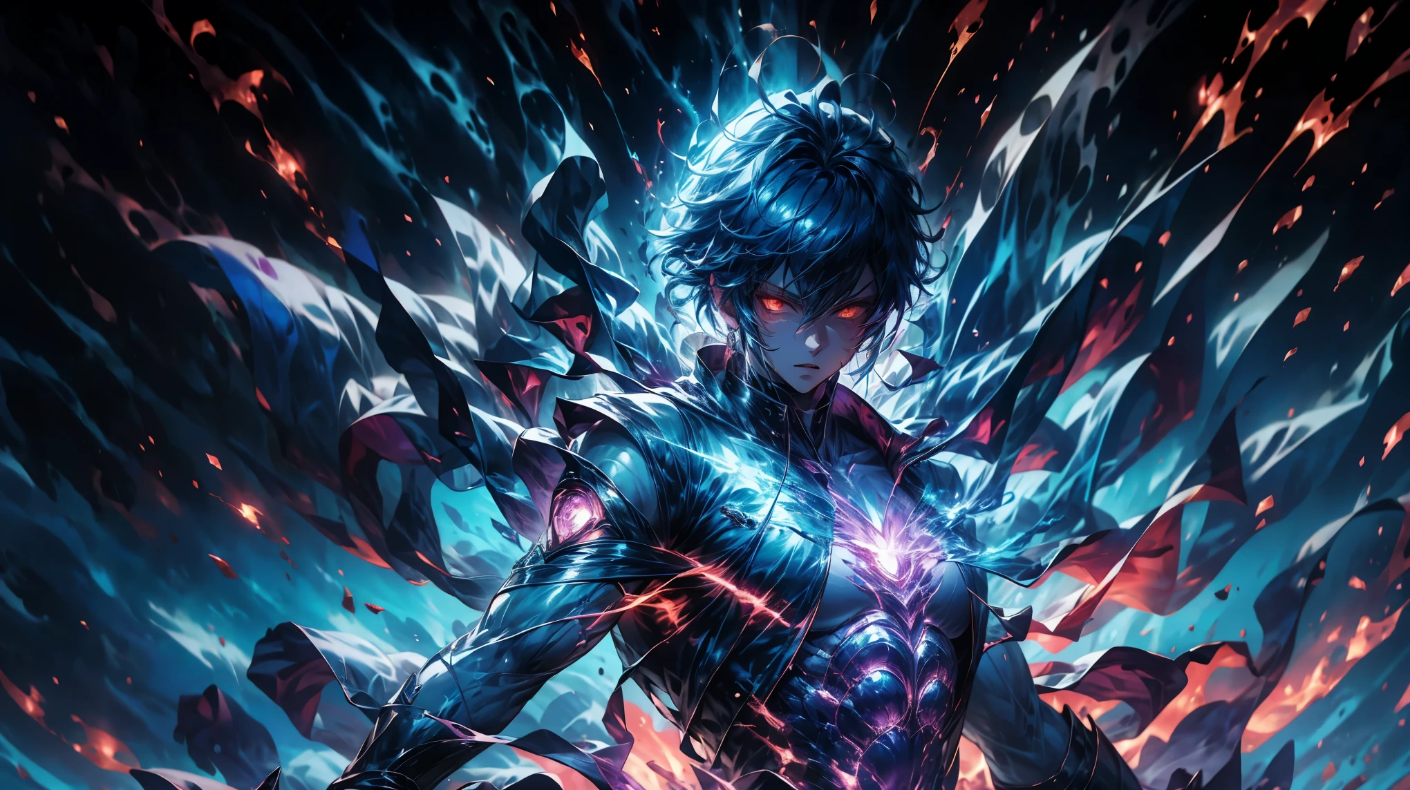 epic anime style, purple lightning, evil temperament, 20-year-old male shadow assassin, glowing black aura, shadow supervisor, handsome face, brilliant and majestic. Beautiful standard body and complete body structure. full body shot of a man with lightning in his hand, an epic anime about a purple energy man, in a battle stance with dark hair and glowing eyes looking at the viewer. Cool Gapmoe Yandere, menacing look, gintama's Hijikata Toushirou, inspired by Masanobu Okumura, the originator of the anime art style, Nobutaka Ike, the night war rages behind him. Highest image quality 8K, details everything 16K.