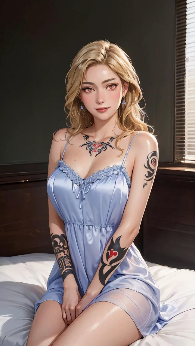 ((((masterpiece, best quality, high resolution)))), Extremely detailed 8K, Beautiful girl with voluptuous body, (Ultra HD, Ultra-detailed, Highly detailed, Highly realistic, Ultra-realistic, photograph realistic), (1girl:1.5), (Realistic blonde hair), (long wavy hair, hair ornaments, earrings), (dynamic poses), facing at camera, looking at viewer, (blushing red, embarrassed, smile), (red eyes, sharp eyes), (large perky breasts:1.2), (beautiful detailed face, beautiful detailed eyes), ((satin nightdress)), (arms tattoo, body tattoo), (sitting on bed), sweat, glow, (sunbeam, sunlight), ((cowboy shot)), bedroom, seductive,naked all