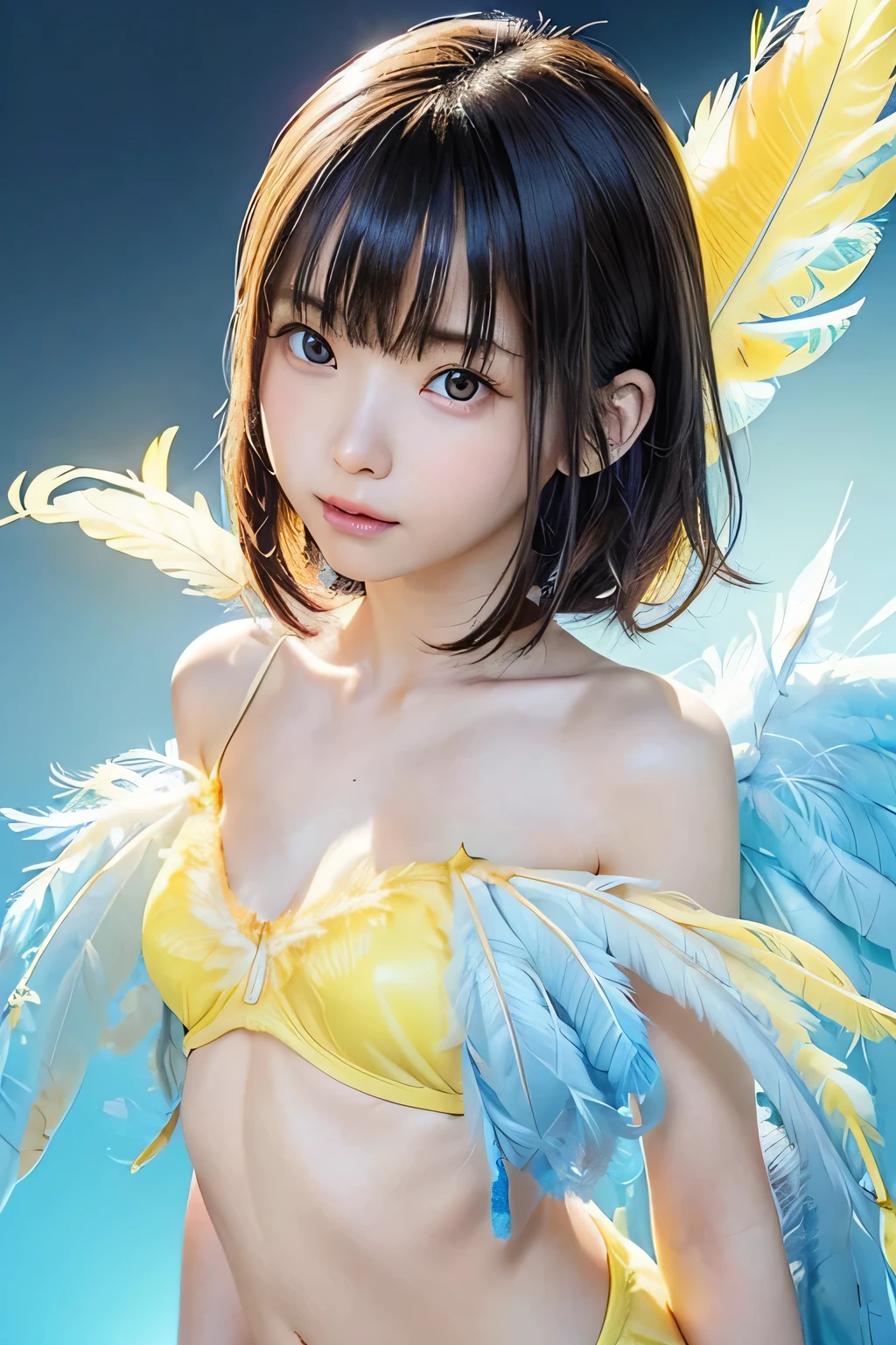 female angel、Angel White Wings、short brown hair、red bikini、background is sky