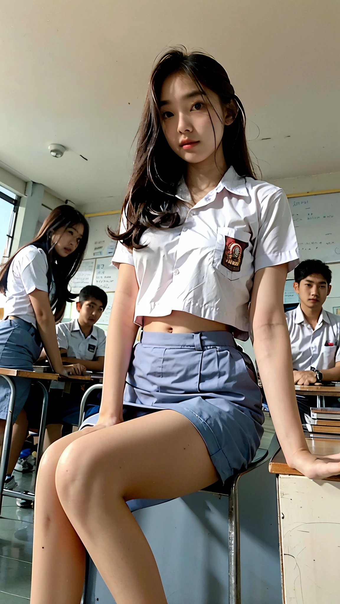 "Design an 8k image of a classroom scene featuring a focused girl wearing croptop sitting at a desk, studying with her books and notes spread out in front of her. She is positioned in the middle of the classroom, while two men older, stand behind her, observing her progress. The men could represent a teacher and an assistant or supervisors, both dressed professionally. The classroom is bright and well-organized, with a whiteboard at the front, educational posters on the walls, and large windows allowing natural light to stream in. The atmosphere should feel attentive and academic, highlighting the girl’s dedication to her studies and the men’s supportive presence."