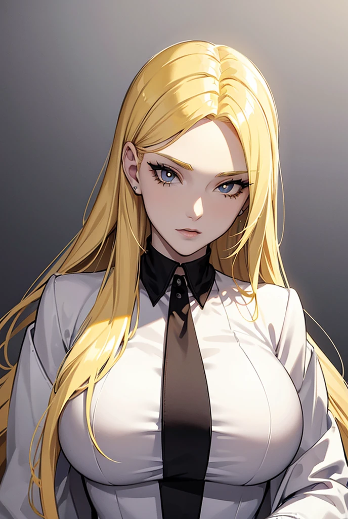 Create a pale white girl, white surgical shirt, straight hair blonde, pale dark eyes, dark circles, fine-detailed 