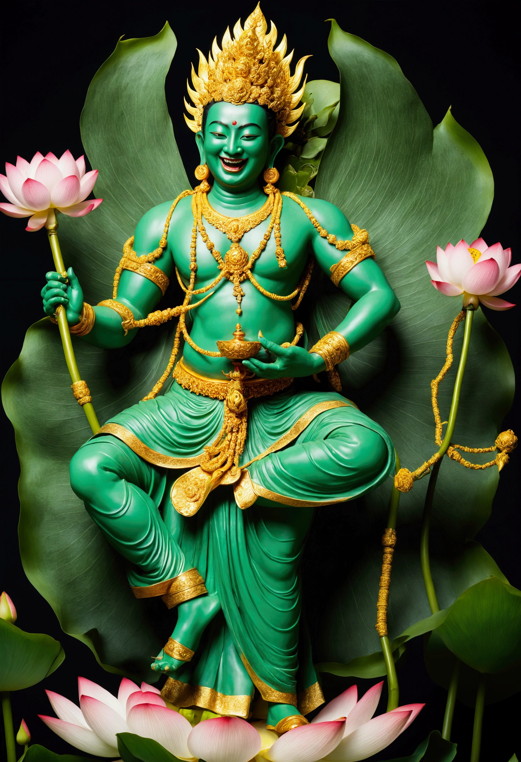 · Green-skinned deity with two arms, laughing fiercely, holding a vajra in one hand, dressed in traditional attire, fierce expression, god-like presence, highly detailed, cinematic lighting, standing on lotus flowers