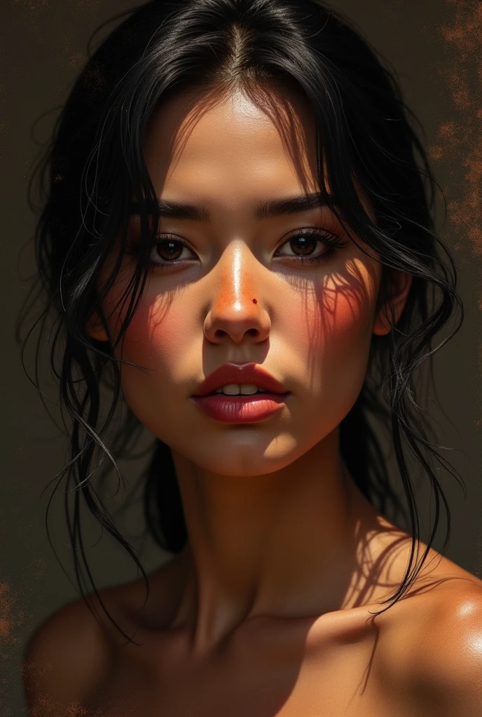 a close up of a indonesian woman's wet face, a hyperrealistic painting, inspired by Sam Spratt, featured on zbrush central, hyperrealism, ultra realistic 3d illustration, sweating intensely, photo realistic image, covered in water drops, hyperrealistic movie filmstill, in style of photorealism artist, portrait of ultra realistic, morning. hyperrealism, sweaty wet skin