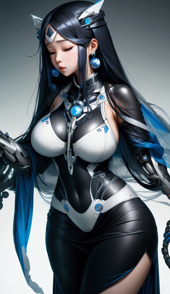 This is an artistic digital illustration portraying the bust of a super gril figure with cybernetic enhancements and an elaborate mechanical headdress. The figure's facial expression is passive yet intense, with striking red eyes and blue makeup accentuating her features against the contrasting cool metallic tones of the machinery. Rich in detail, the artwork blends organic and mechanical aesthetics, combining smooth human skin with intricate gears, wires, and dripping, Chinese aesthetic landscape on a white background as an RPG game asset, unreal engine,
