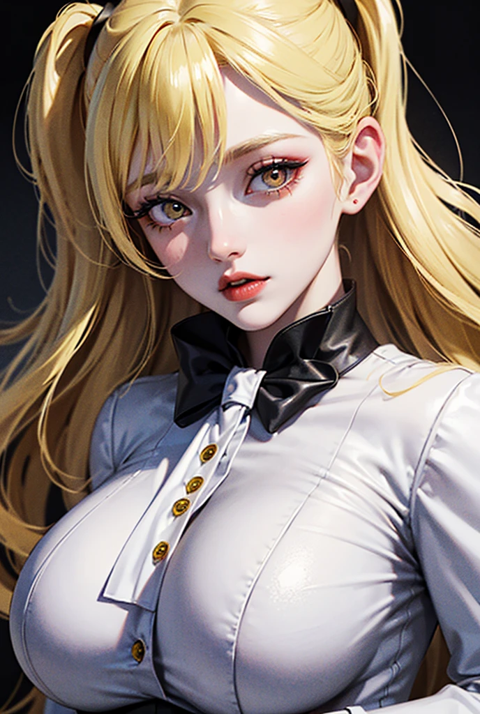 (((Portrait Photo))), She has a Strong, Seductive 21-Years-Old Appearance, with a Tall, an Elegant Build, and a Sophisticated Demeanor. She has Long, Light Blonde Hair, Styled in Loose Waves, with Strands Falling Around Her Face. Her Sharp, Orange Eyes Express a Confident and Intense Look, Giving Off a Regal and Powerful Attitude. She Wears a High-Collared, White Blouse with Ruffled Details, Paired with a Black Corset that Cinches Her Waist, Completed with a Black High-Waisted Trousers. (((High Quality, Dark Background))), (((Portrait Photo)))
