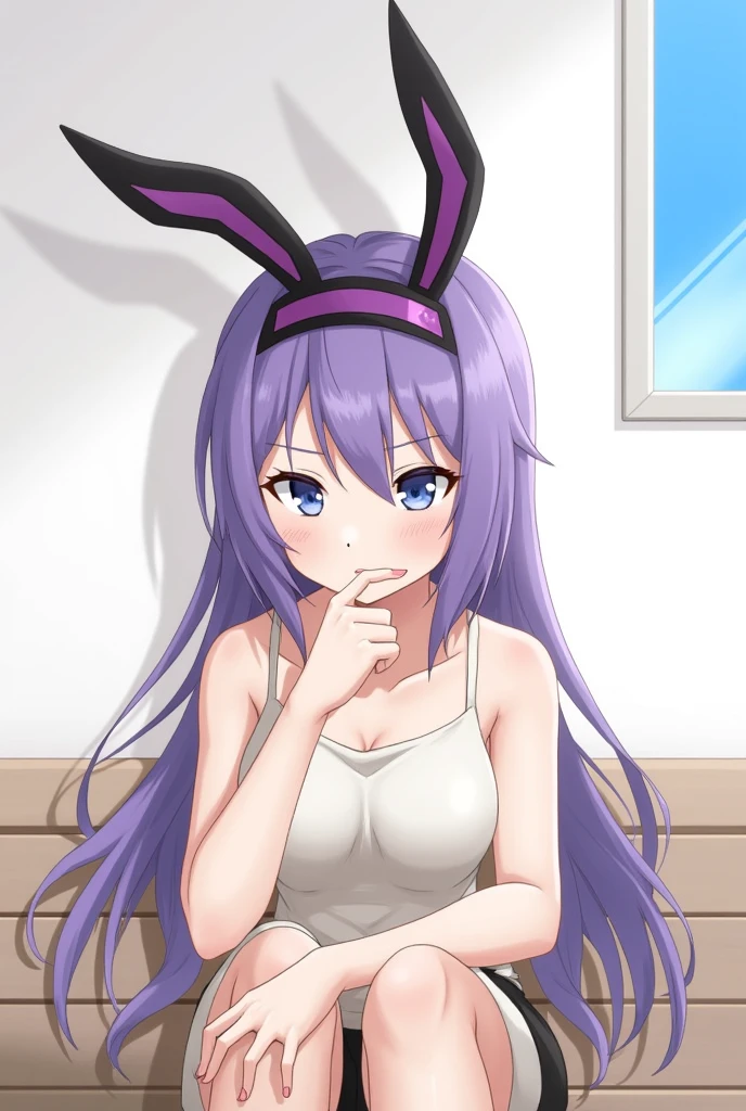 ​masterpiece, top-quality, 1girl in,Reisen Udon Giyin Inaba, Purple hair,Very long hair, rabbitears, red eyes, Black jacket, Open jacket,neck tie,white  shirt,Pink skirt,greybackground,barechested、red blush、laying on back、Colossal tits、Upper body naked、teats、A slender、I'm tempting