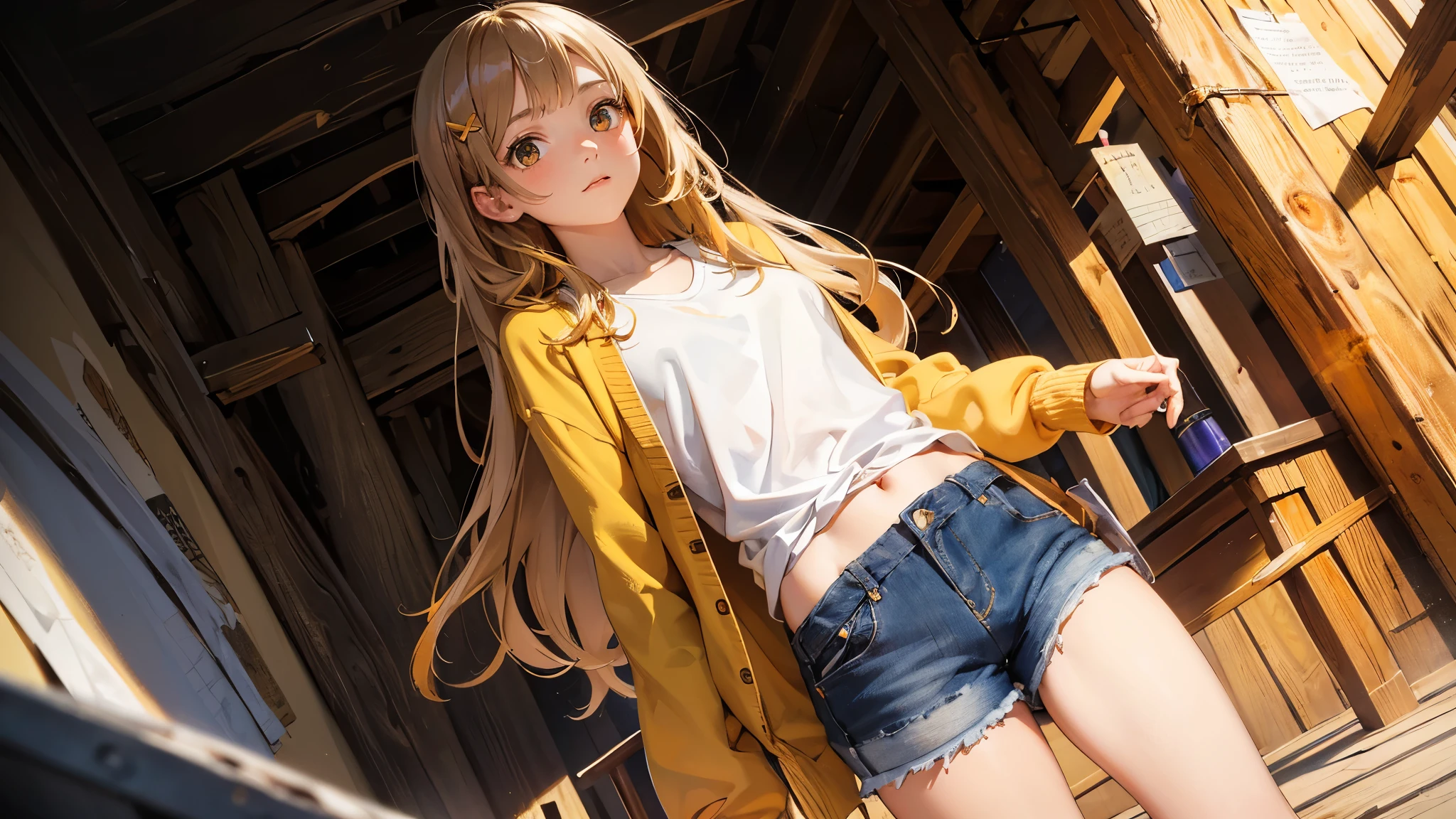 masterpiece, ultra detailed, 8k portrait, RAW photo, portrait photography, Highly detailed face, beautiful and meticulous eyes, (amber color eyes:1.5), 15 years old, standing by the theme park, (white short shirt) and (LowriseXL blue shorts:1.5), navel, (put on knee length long white knit thin coat:1.5), cute girl, long hair, (cream color long hair:1.5), show forehead, side parted hair, hairpin, (sleepy face:1.2), young girl, 1girl, cute girl, pretty girl, portrait of cute girl, slim:1.5, flat chest:1.5,