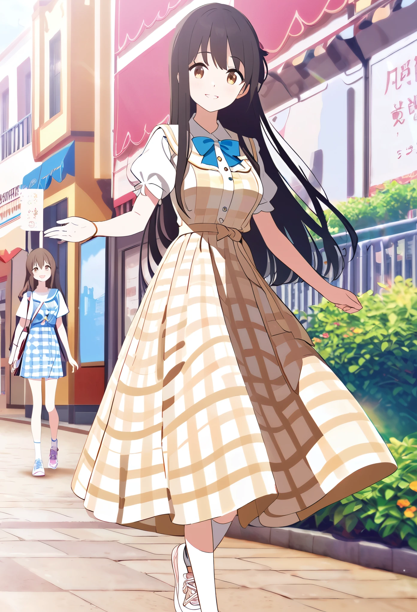 Super beautiful picture quality、High school girl、Slightly droopy eyes、Kind Face、Firm breasts、Cream-colored brown checkered dress、White socks、Pale pink sneakers、Walking around town、fun、smile、A distant view、Ocher eyes、Black Hair、Smooth long straight hair、Top quality backgrounds、Fine weather
