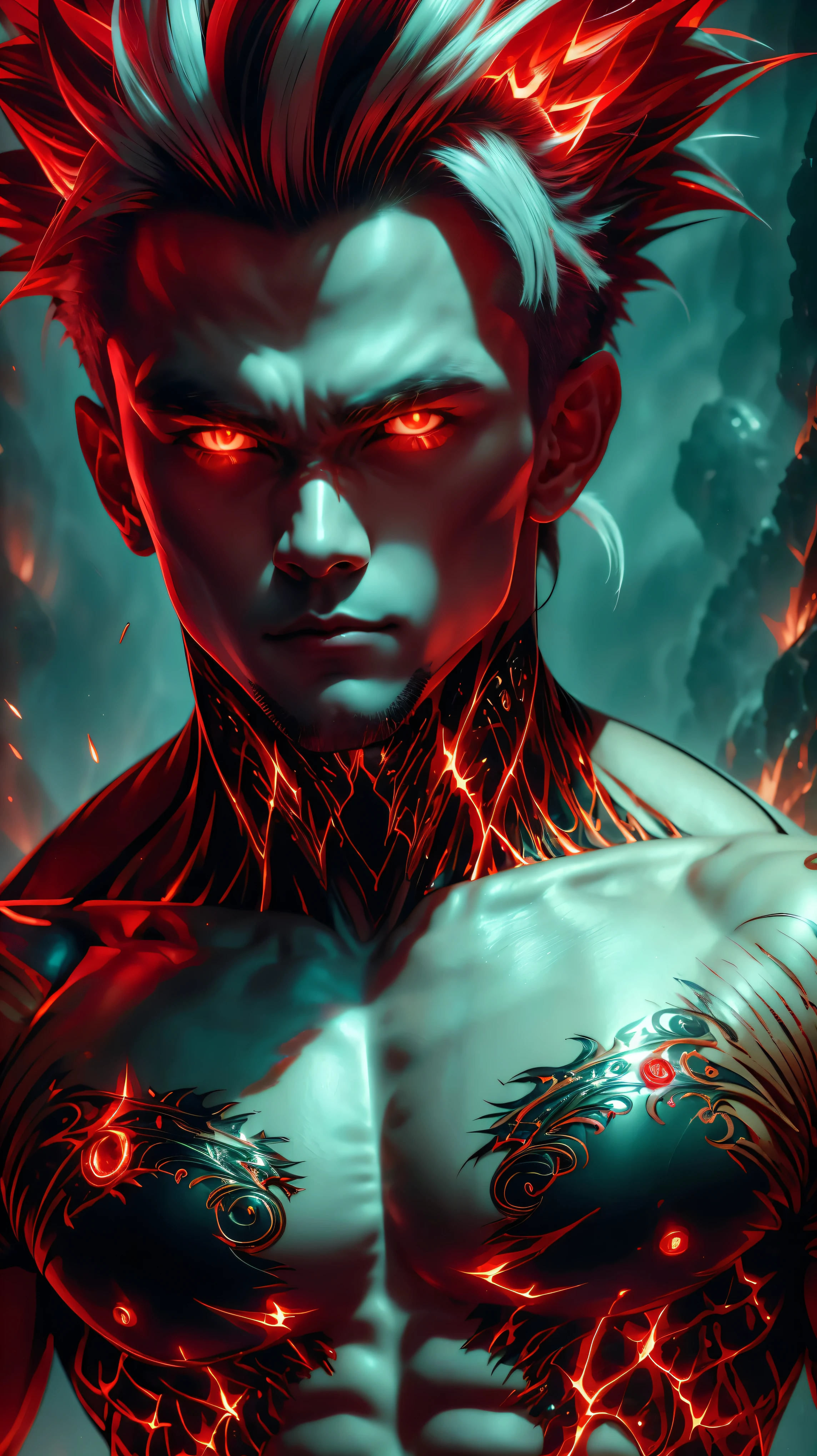 A strikingly handsome man with piercing red eyes stands tall against a dark, neutral background. His short, dual-colored hair in shades of red and yellow adds a unique touch to his already captivating appearance.