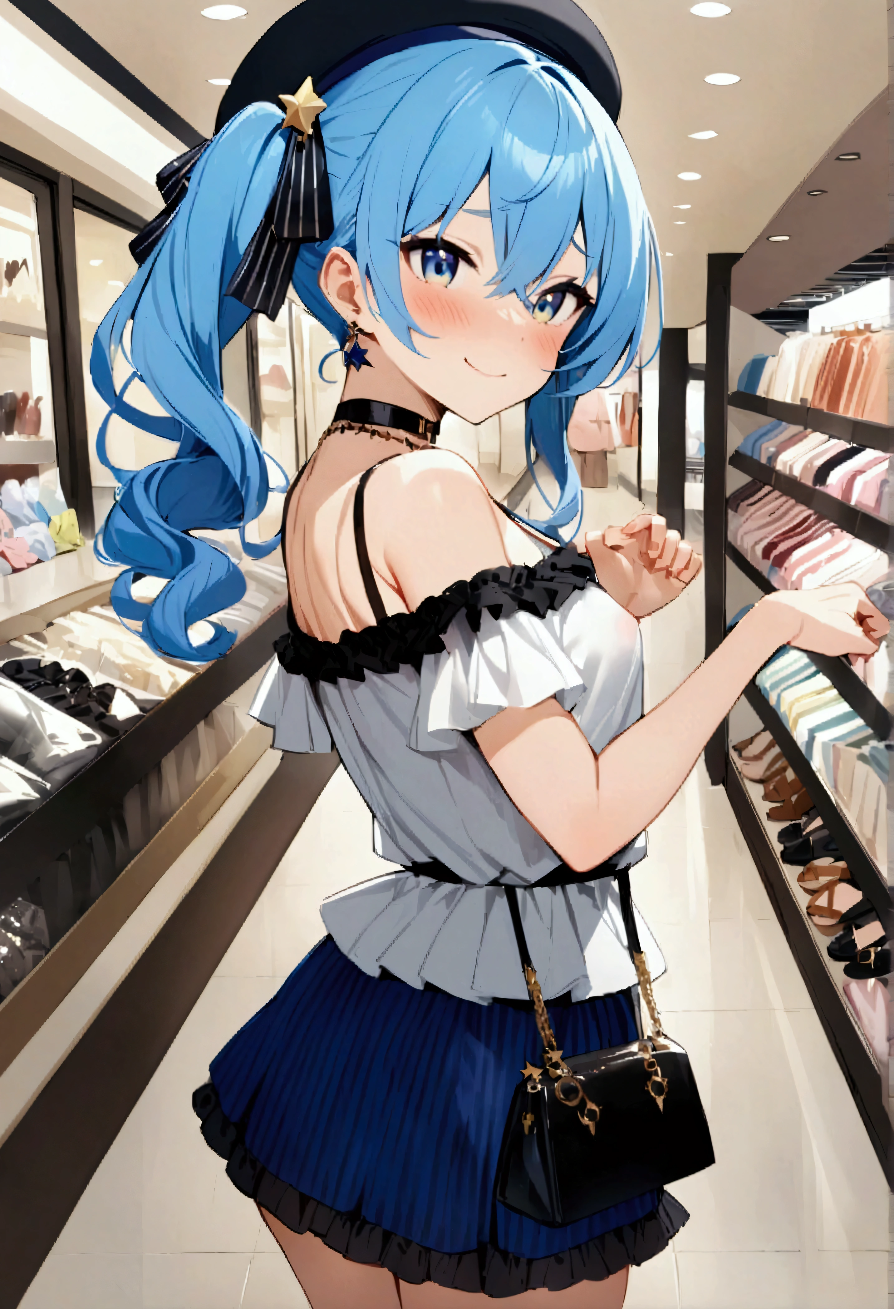 NSFW,masterpiece,Highest quality,High resolution,Super detailed,dawn_\(pokemon\),blue eyes, Blue Hair, Long Hair, Side Lock, Hair Clip, Beanie, Black Dress, No sleeve, Pink Skirt, scarf,Embarrassed,blush,Shopping mall,Lingerie Shop,(Underwear section),Luxurious Room