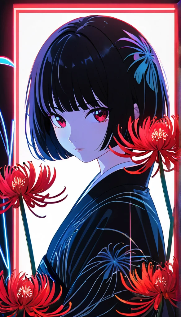 Black painted canvas, Simple Art, Red spider lily flowers painted with neon lights, Sharp contours, Double exposure, Transparent lotus flower reflection inside the outline, Holographic Coating, The effects of red spider lilies, tears, Girl、Bobcut、Bangs、kimono、Girlのシルエット