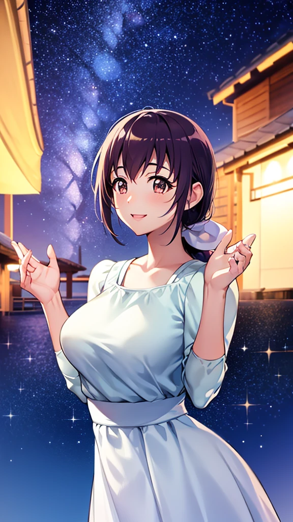 Starry Sky Nurture, Hair tied back, young face, smiling face, large breasts, starry sky, hands raised in excitement, looking up at the sky, happiness, fun