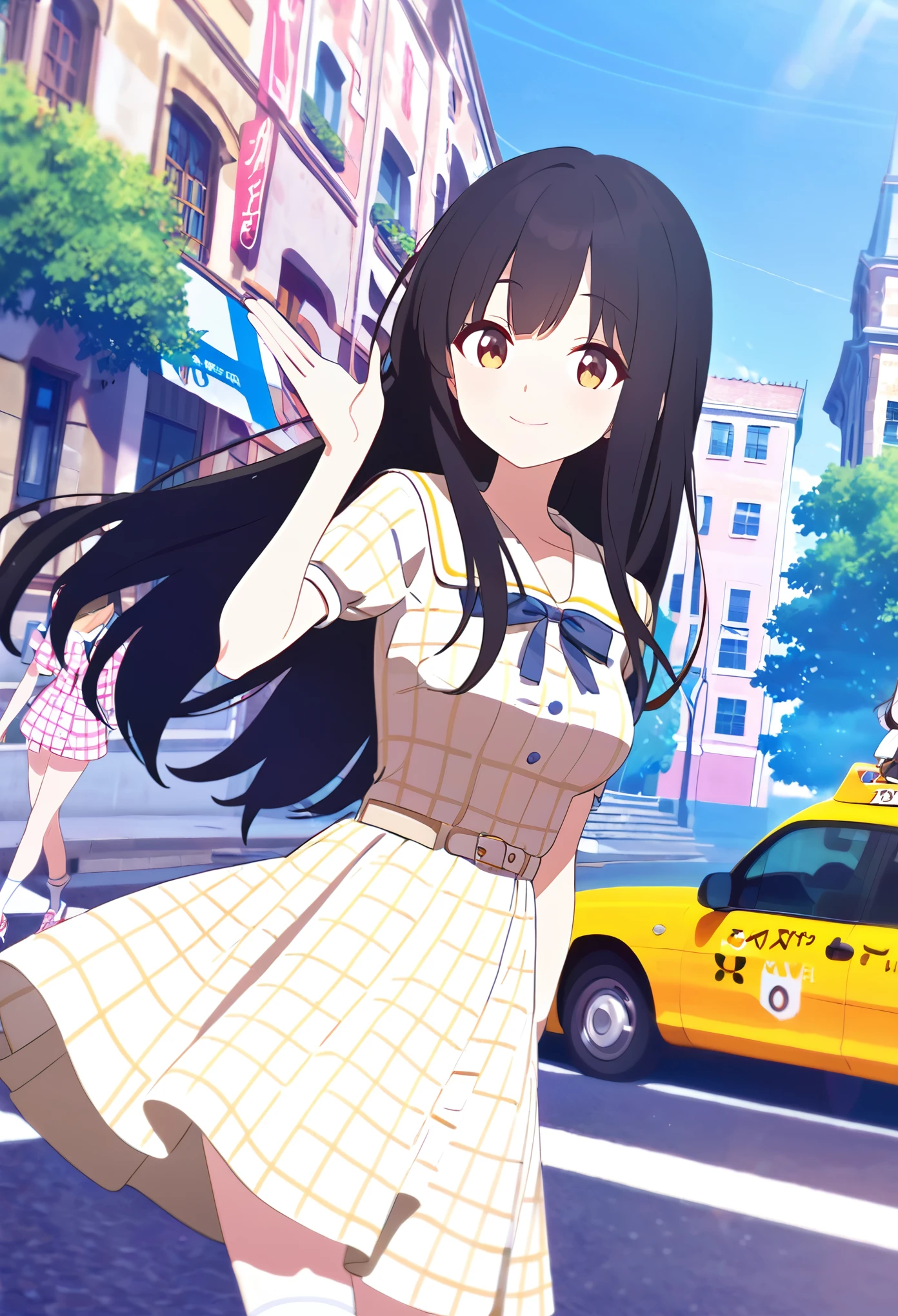 Super beautiful picture quality、High school girl、Slightly droopy eyes、Kind Face、Firm breasts、Cream-colored brown checkered dress、White socks、Pale pink sneakers、Around town、fun、smile、Hailing a taxi、Where to get in a taxi、Ocher eyes、Black Hair、Smooth long straight hair、Top quality backgrounds、Fine weather
