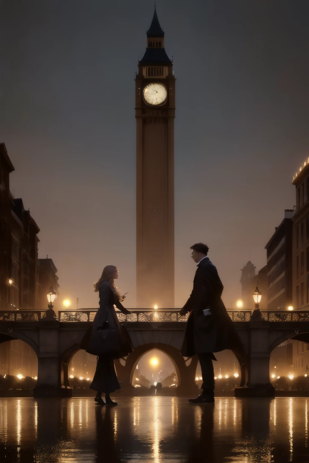 people walking on a bridge in a city at night with a large clock tower in the background, classic scenario, arstation and beeple highly, city street, metropolis, Albert Edward Hughes's draw style