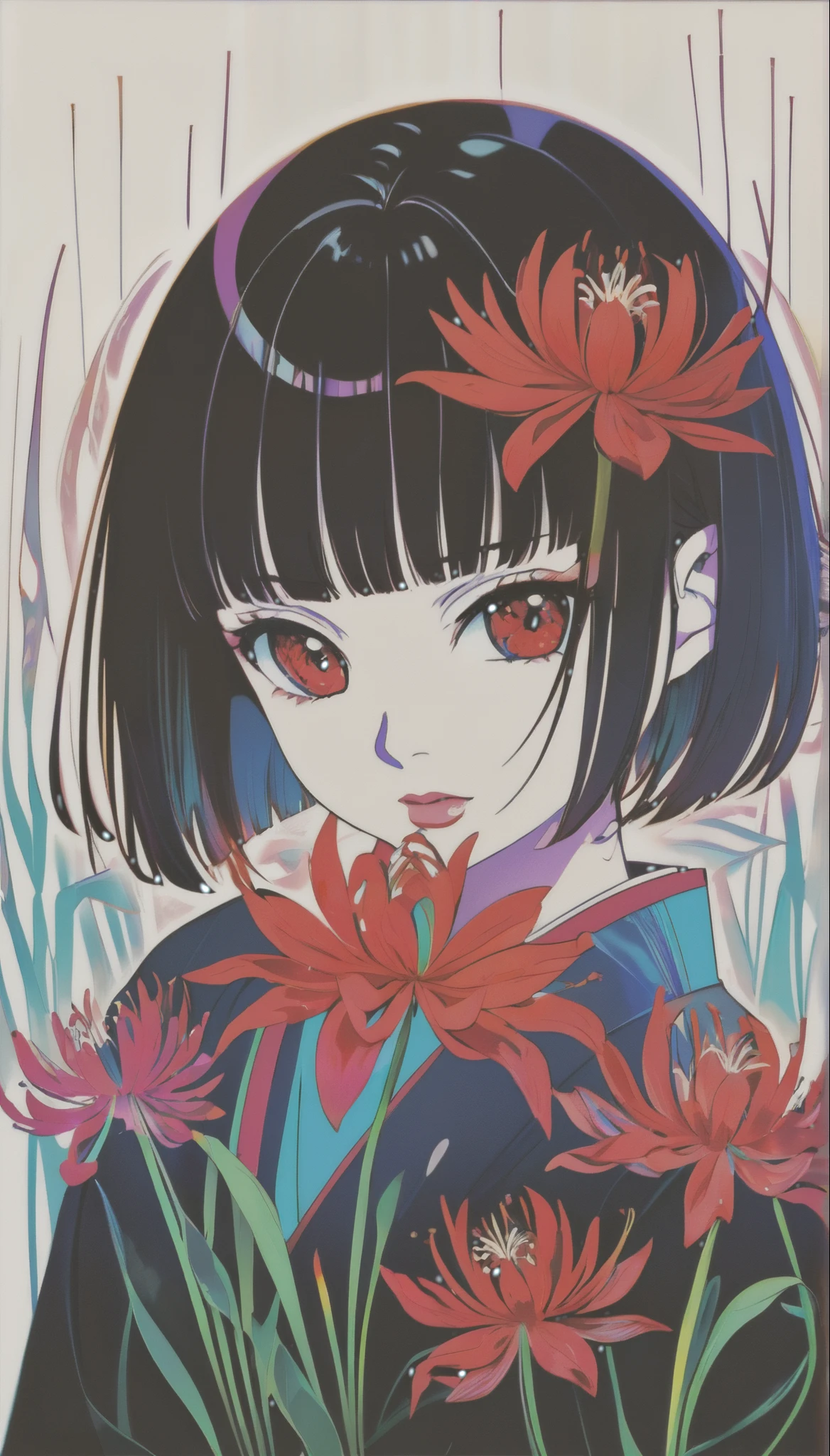 Black painted canvas, Simple Art, Red spider lily flowers painted with neon lights, Sharp contours, Double exposure, Transparent lotus flower reflection inside the outline, Holographic Coating, The effects of red spider lilies, tears, Girl、Bobcut、Bangs、kimono、Girlのシルエット