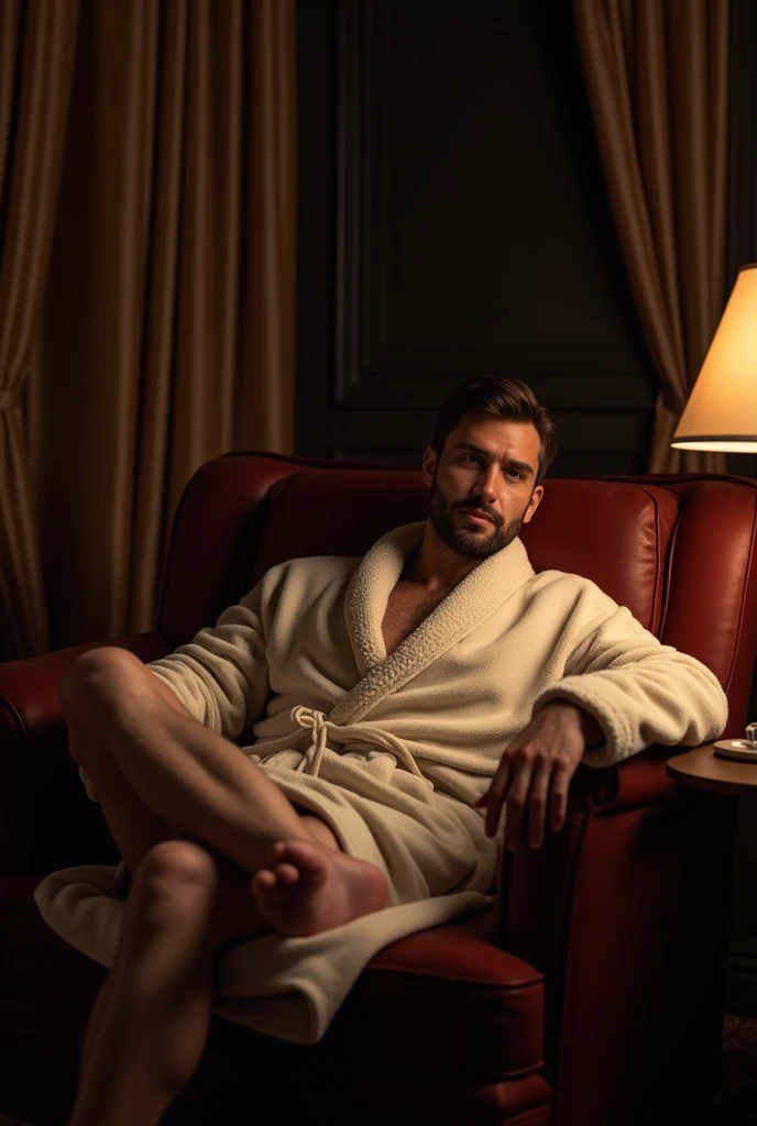 omen , Thin man, 30 years, dark brown hair, curly hair, chin length hair, Brown eyes, the corner of the eye is down, Hooked nose, face without hair, Face without beard, face without stubble. Dressed in a dressing gown and slippers. He is sitting in a chair with a glass of whiskey in his hands.. it's smiling. leg crossed over leg