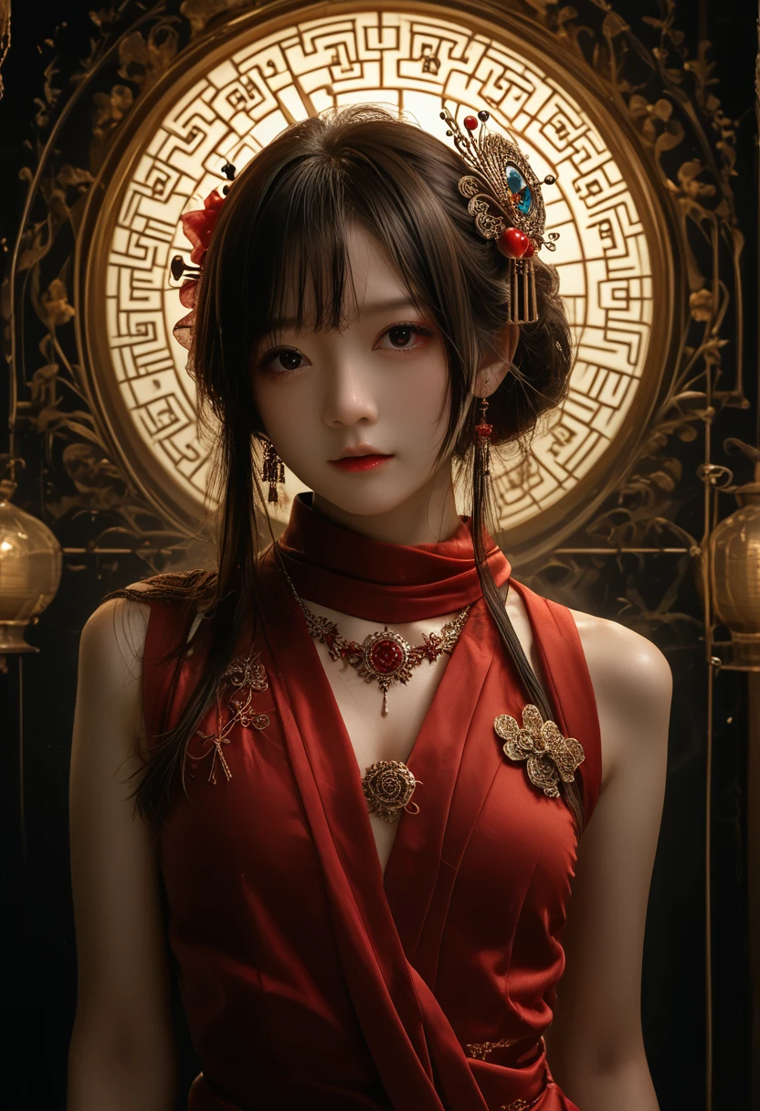 best quality, masterpiece, High resolution, 1 girl, Hanfu China,chinese architect background, red scarf, hair decoration,Necklace, jewelry,beautiful face,on_body, Tyndall effect,photorealistic, Темonя Студия, rim lighting, two-color lighting,(высокодетализированonя кожа:1.2), 8 k uhd, dslr, soft lighting, High quality, volumetric lighting, frank, photo, High resolution, 4K, 8 k, hips,girl in red dress